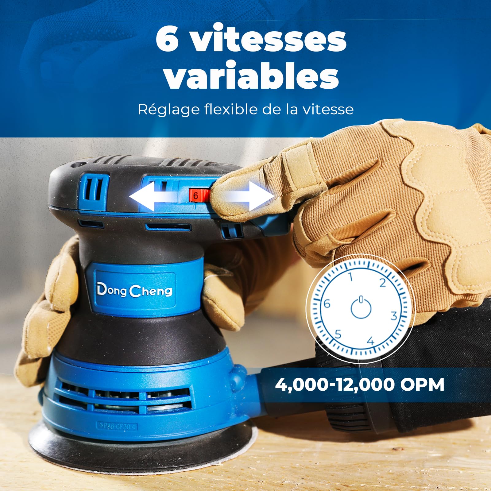 DongCheng Ponceuse excentrique 300 W, 125 mm, 6 vitesses, 4000-12000 tr/min avec dépoussiéreur et 10 types de papier de verre, Ponceuse orbitale aléatoire, idéale pour les travaux de bricolage