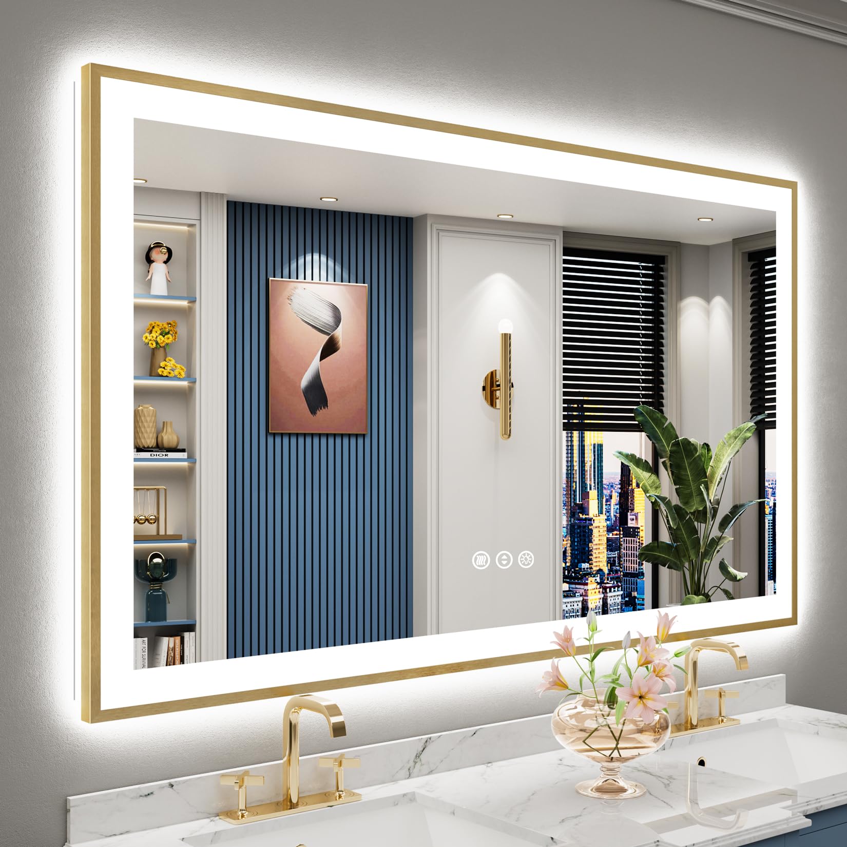 60x36 Gold LED Bathroom Mirror with Lights, Backlit and Front Lit
