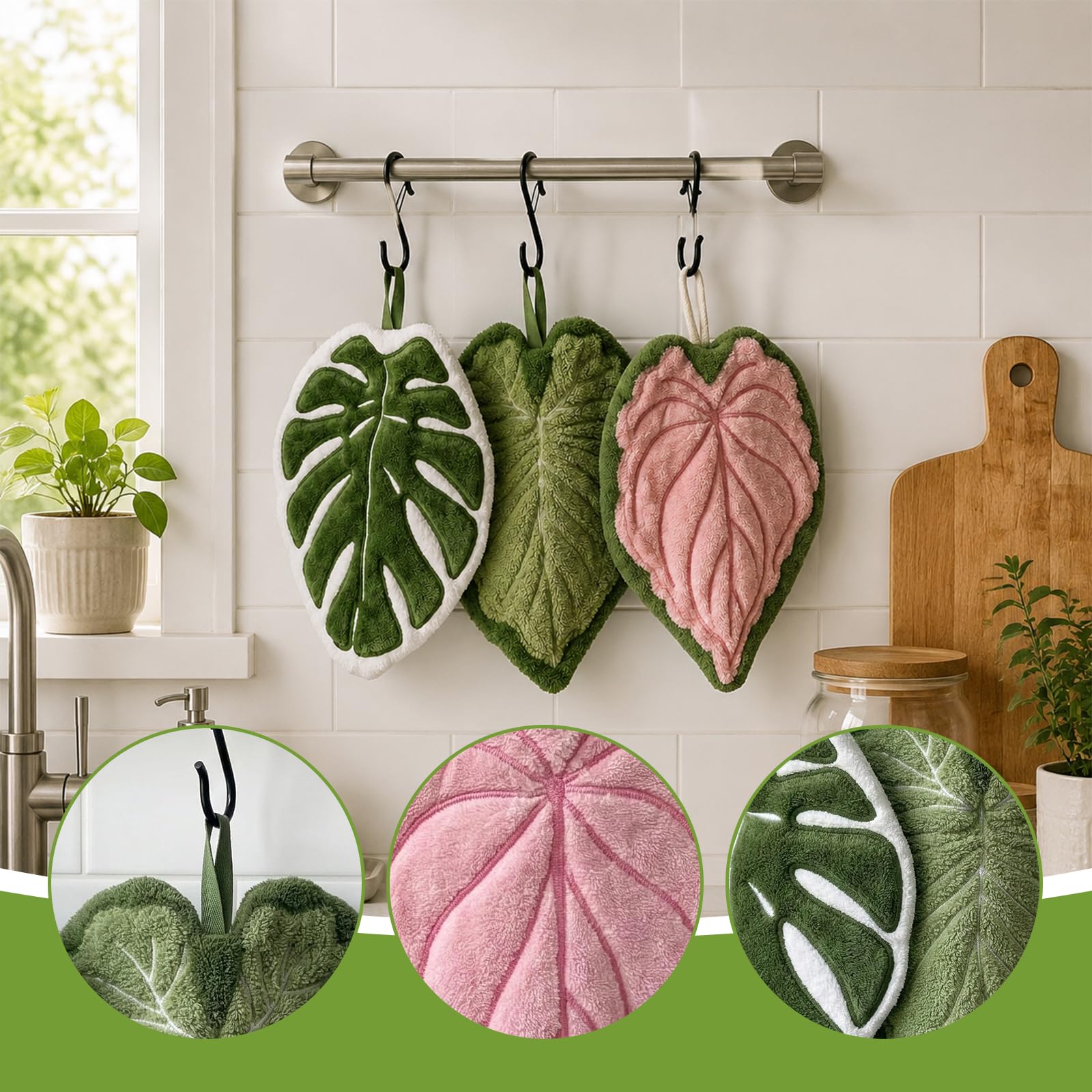 Kreative Tovaglioli da Mano Set da 3, Asciugamani da Cucina Appesi, Carino Coral in Pile con Motivo Tropicale, Assorbenti, Ad Asciugatura Veloce E Senza Peluc