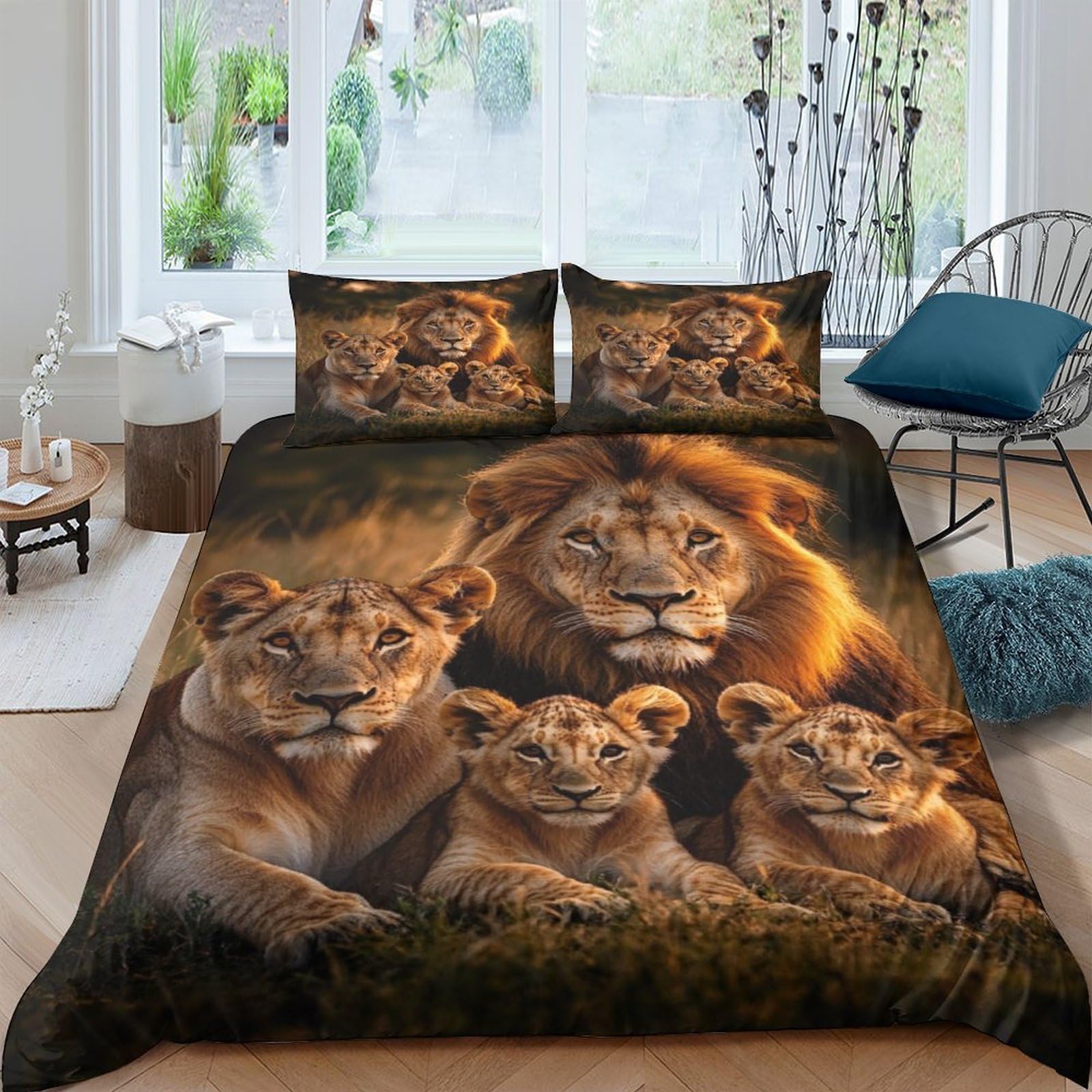 3D Printed Lion Family Duvet Cover Microfiber Soft Breathable Sunset Wildlife Bedding Set with 2 Pillowcases for Bedroom Decor Single（135x200cm）