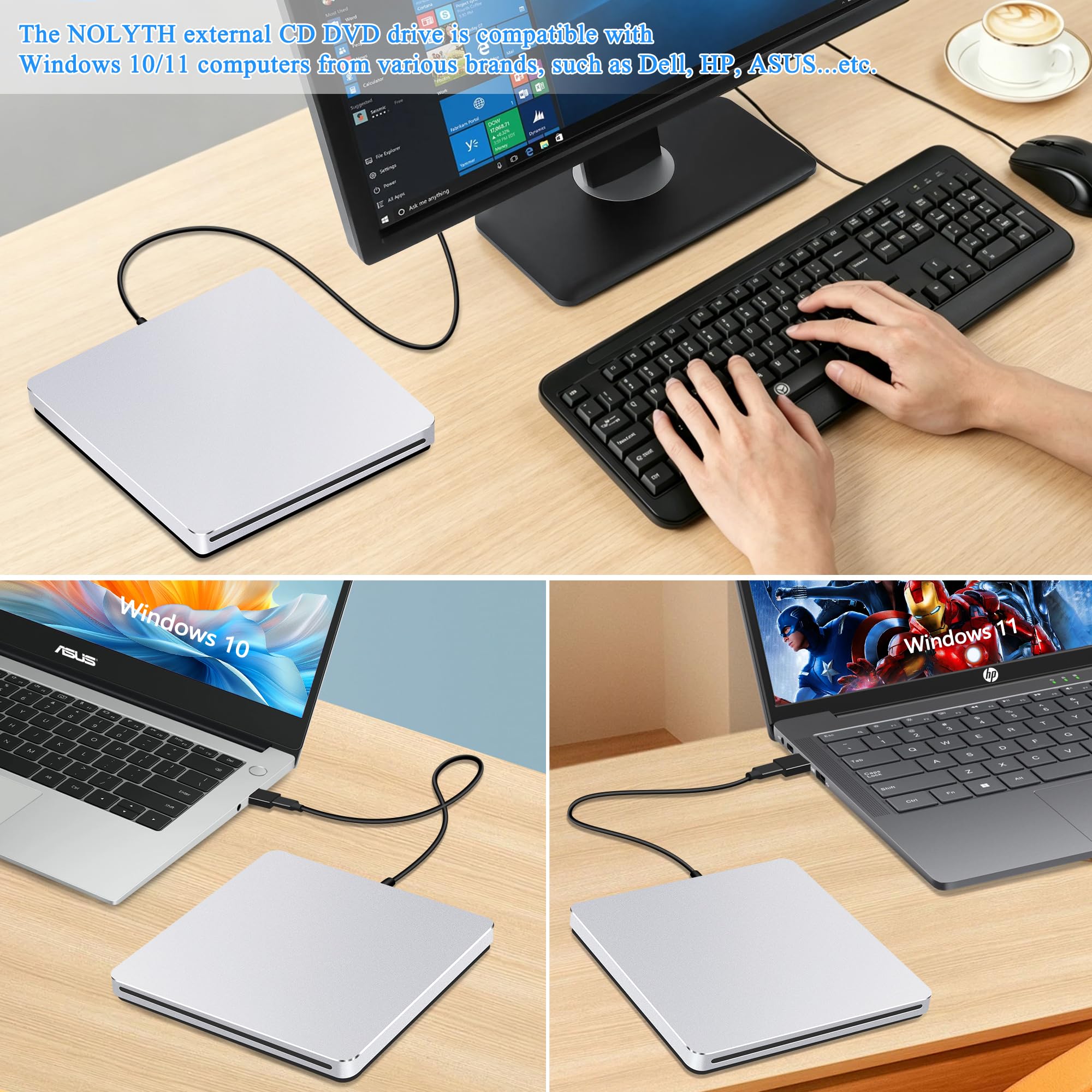 Unidad externa de CD y DVD para laptop: lector portátil USB C de CD/DVD para Mac PC Windows 11 con adaptador USB 3.0 de aleación de aluminio, ranura SuperDrive para Apple