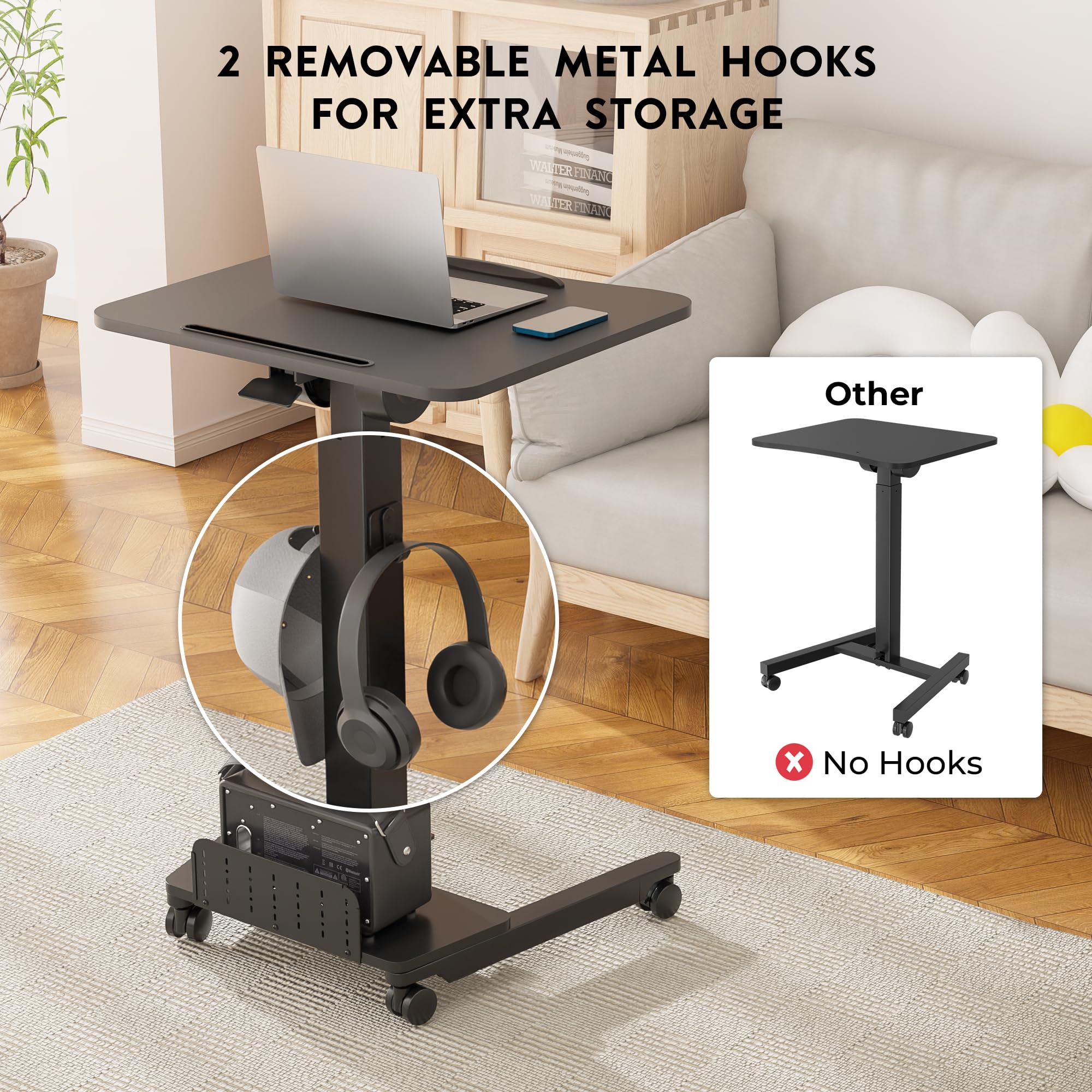 BONTEC Mobile Standing Desk Adjustable Height Rolling Laptop Cart with Storage Shelf Hooks Portable Workstation with Pneumatic Lift — view 7