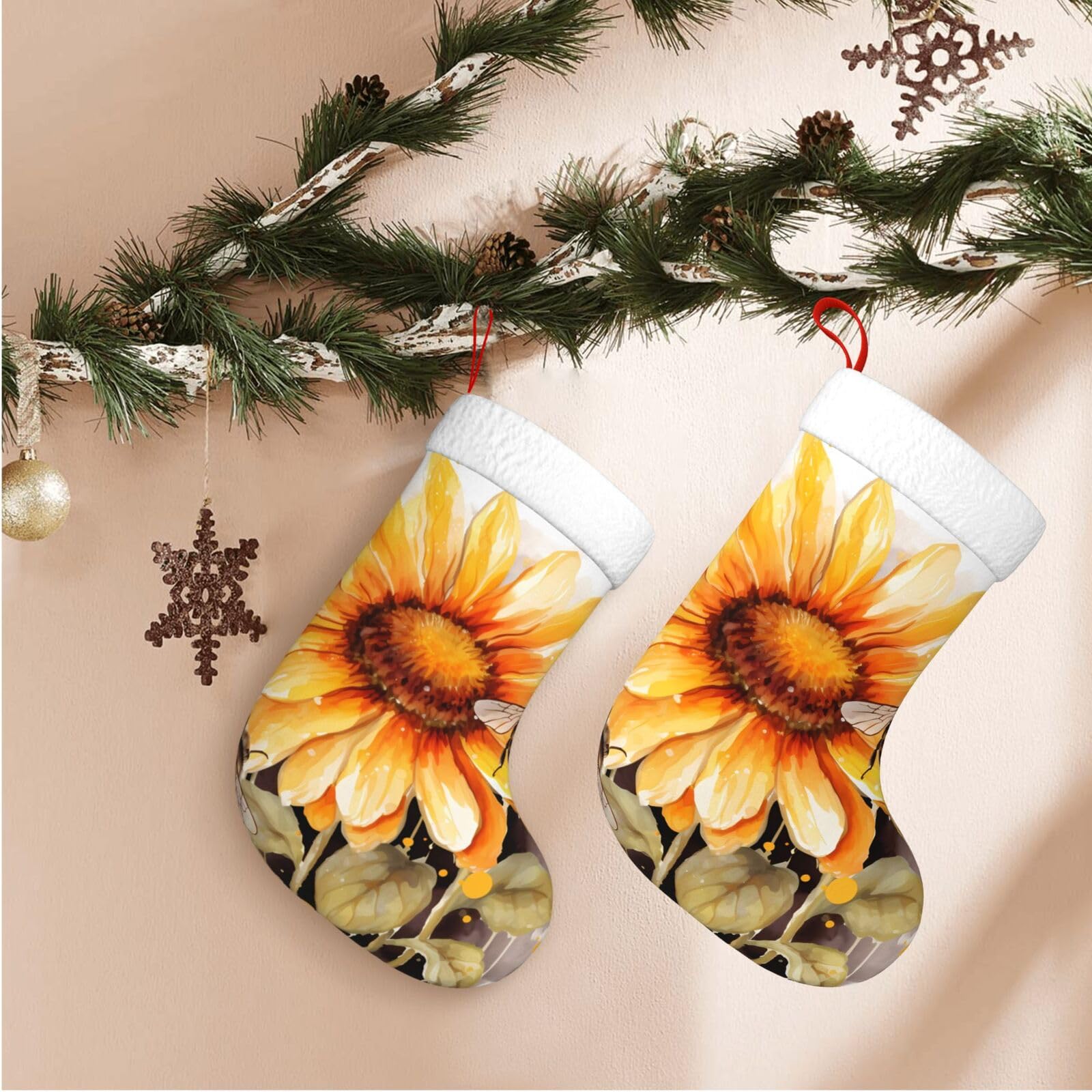 Blackboard Bees Sunflowers Christmas Stockings Velvet Xmas Fireplace Hanging Stocking with Plush Cuff Rustic Christmas Santa Stockings for Home Christmas Decorations Party Favor Supplies