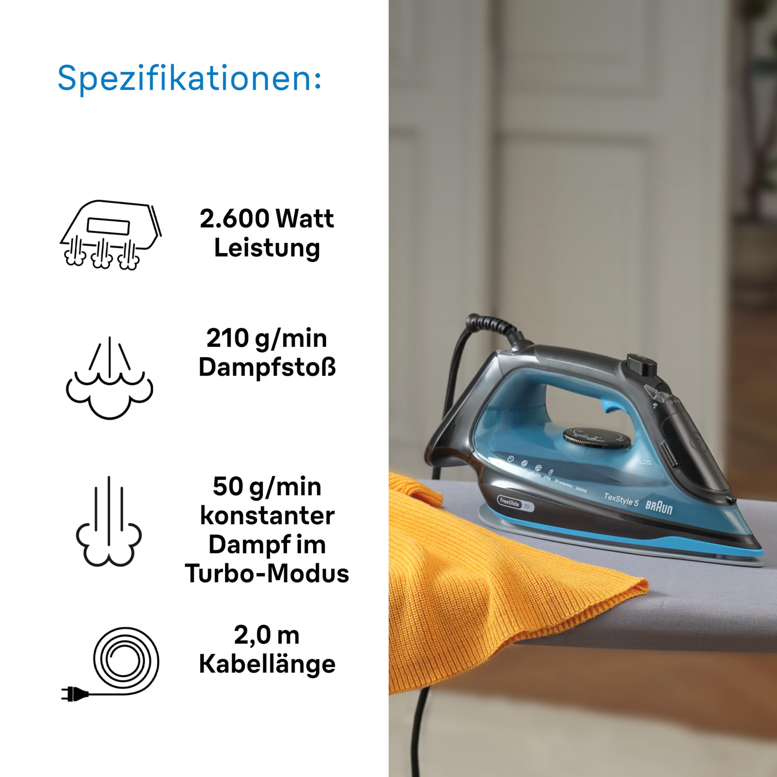 Braun TexStyle 5 SI5256 BL Dampfbügeleisen mit FreeGlide 3D Bügelsohle, Präzisionsspitze, Vertikaldampf, Anti-Tropf-System, 210 g/min Dampfstoß, 300ml Wassertank, 2600W, Schwarz/Blau