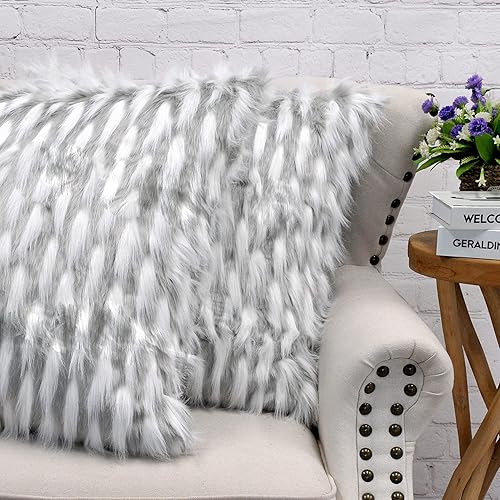 Miniatura 10 de Juego de 2 fundas de almohada decorativas de piel sintética esponjosa de 26 x 26 pulgadas, funda de cojín rectangular de felpa peluda peluda para