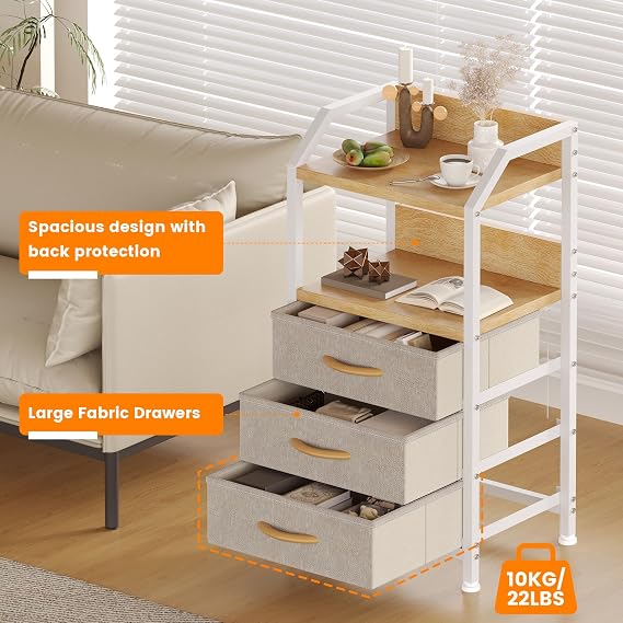 Feonase Bedside Table with 3 Fabric Drawers and Open Shelf, Nightstand for Bedroom, Living Room, Small Spaces – Metal Frame & Wooden Top, Compact Sofa End Table with Storage for Home Décor, Khaki