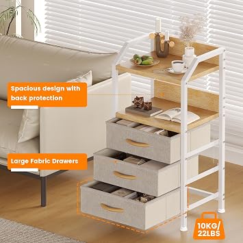 Feonase Bedside Table with 3 Fabric Drawers and Open Shelf, Nightstand for Bedroom, Living Room, Small Spaces – Metal Frame & Wooden Top, Compact Sofa End Table with Storage for Home Décor, Khaki