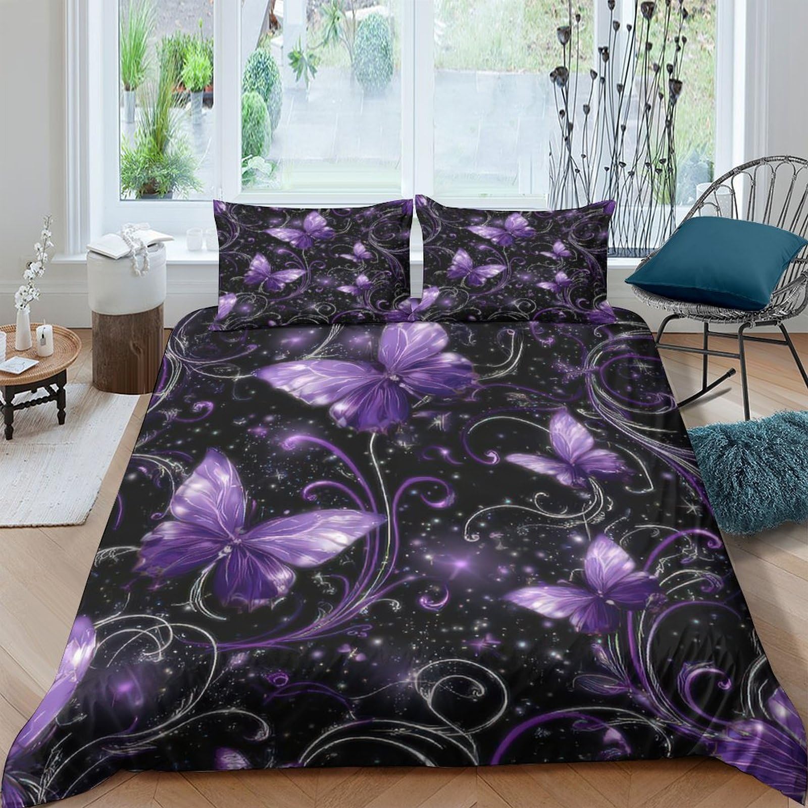GPLZQXKJNH 3D Printed Purple Butterfly Duvet Cover Microfiber Soft Breathable Floral Swirl Bedding Set with 2 Pillowcases for Bedroom Decor Single（135x200cm）