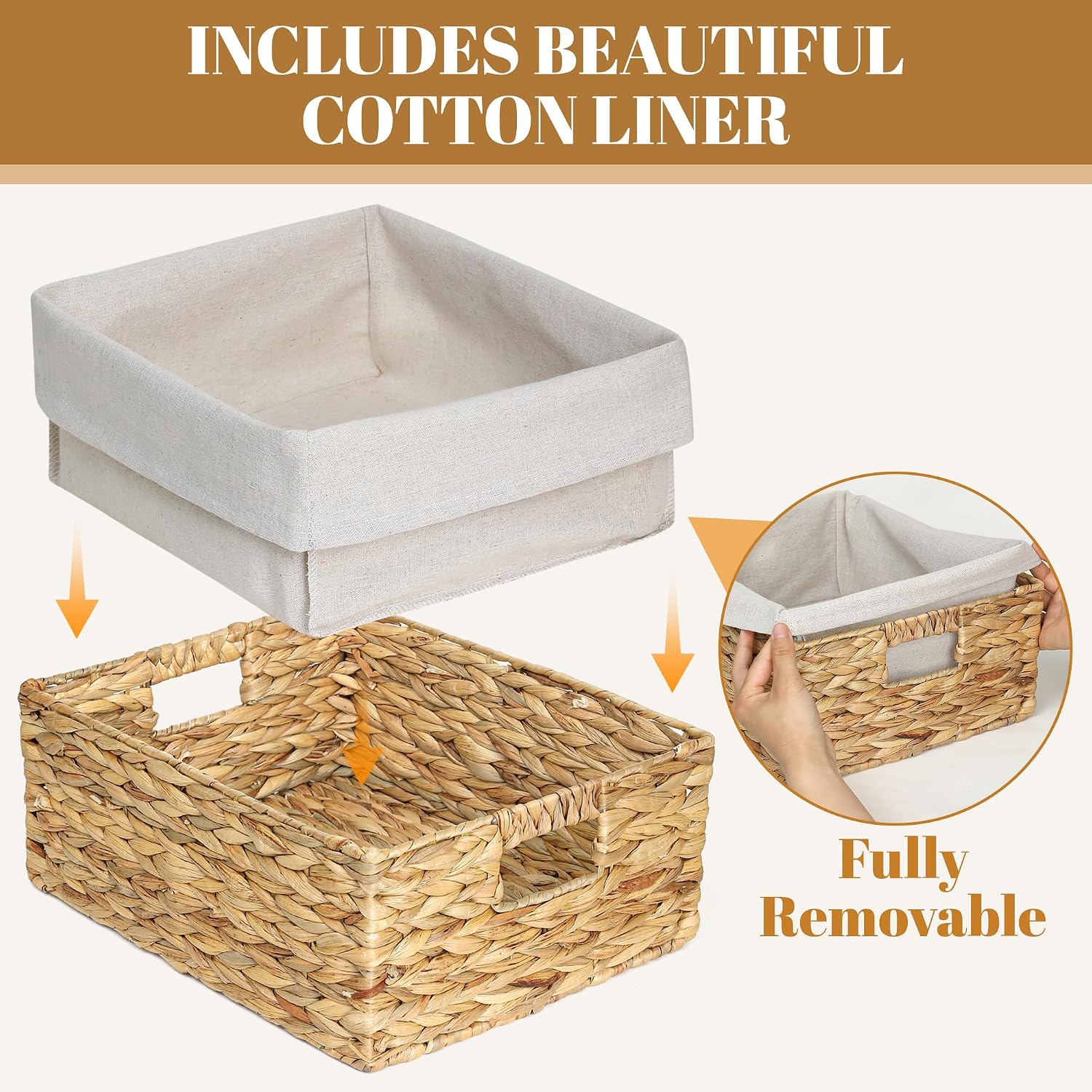 Set of 2 Natural Water Hyacinth Woven Baskets, Rectangular Organizer with Washable Liner for Pantry Shelves