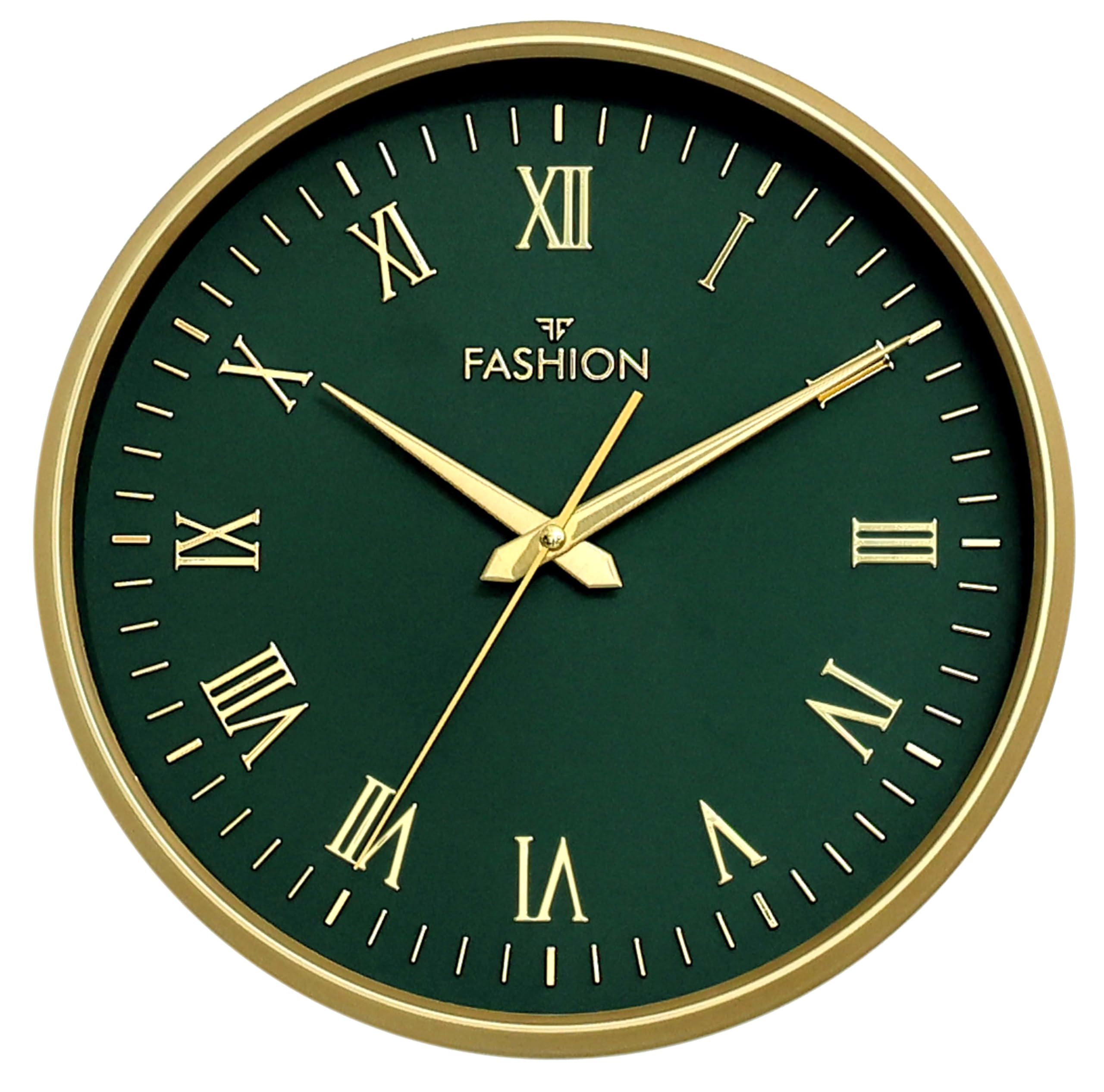 Elica Fashion Round Wall Clock, Green & Gold, Roman Numerals, Decorative Home Decor for Living Room (Gold-RF)-image-3