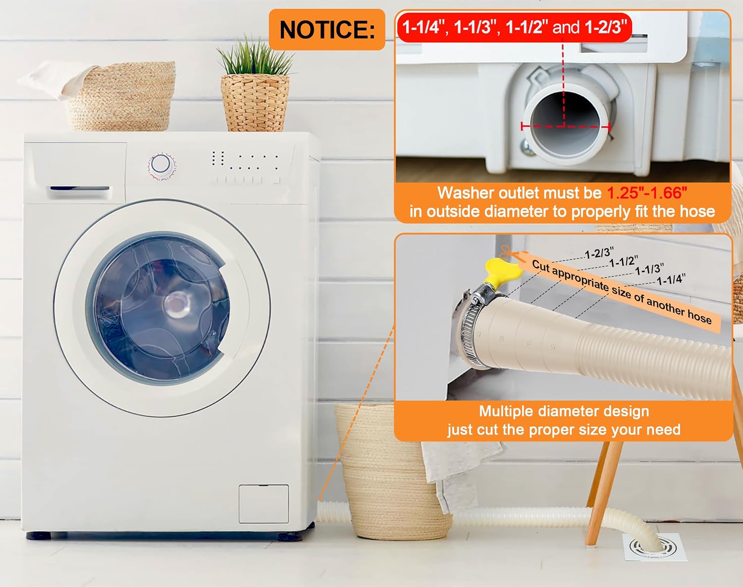 MyLifeUNIT Washing Machine Drain Hose Extension Kit, Universal Washer Drain Hose Replacement Parts Fit for 1-1/4", 1-1/3", 1-1/2", 1-2/3" Outlet Diameters with 1 Clamp, 6.9 Feet