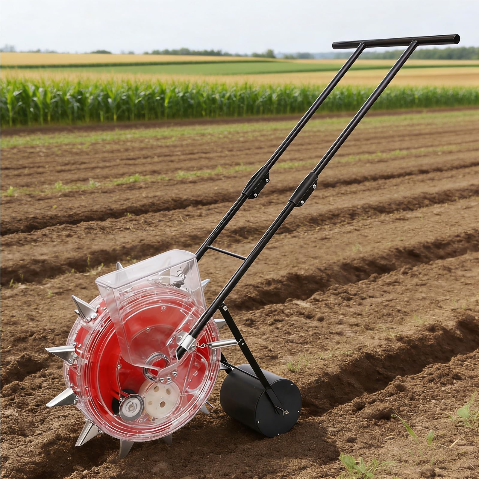 Sembradora de empuje, sembradora manual con rueda y asa, profundidad de plantación ajustable, herramienta de césped y jardín para plantar maíz, algodón, soja