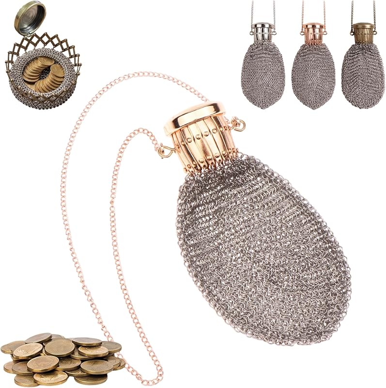 Handmade 1920's English Coin Purse - Vintage Chainmail Double Mesh Metal Wallet with Twist Lid Gate Top, Rare Collectible Antique Silver Accessory, Funky Travel Coin Holder (Gold)