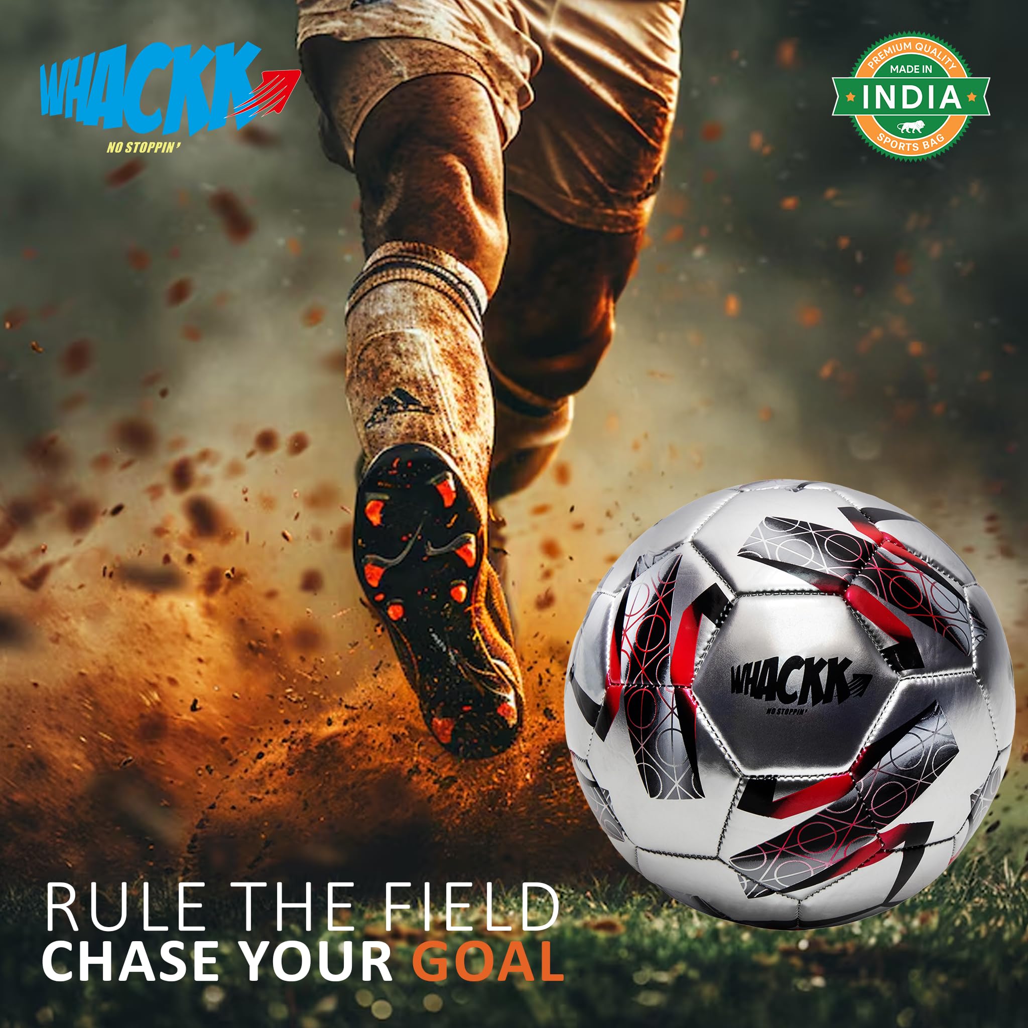 WHACKK Kempes Football Size 5 Silver Red | Hand-Stitched CTPU Match & Training Football | Durable All-Weather Ball for Grass, Turf & Street Play 1