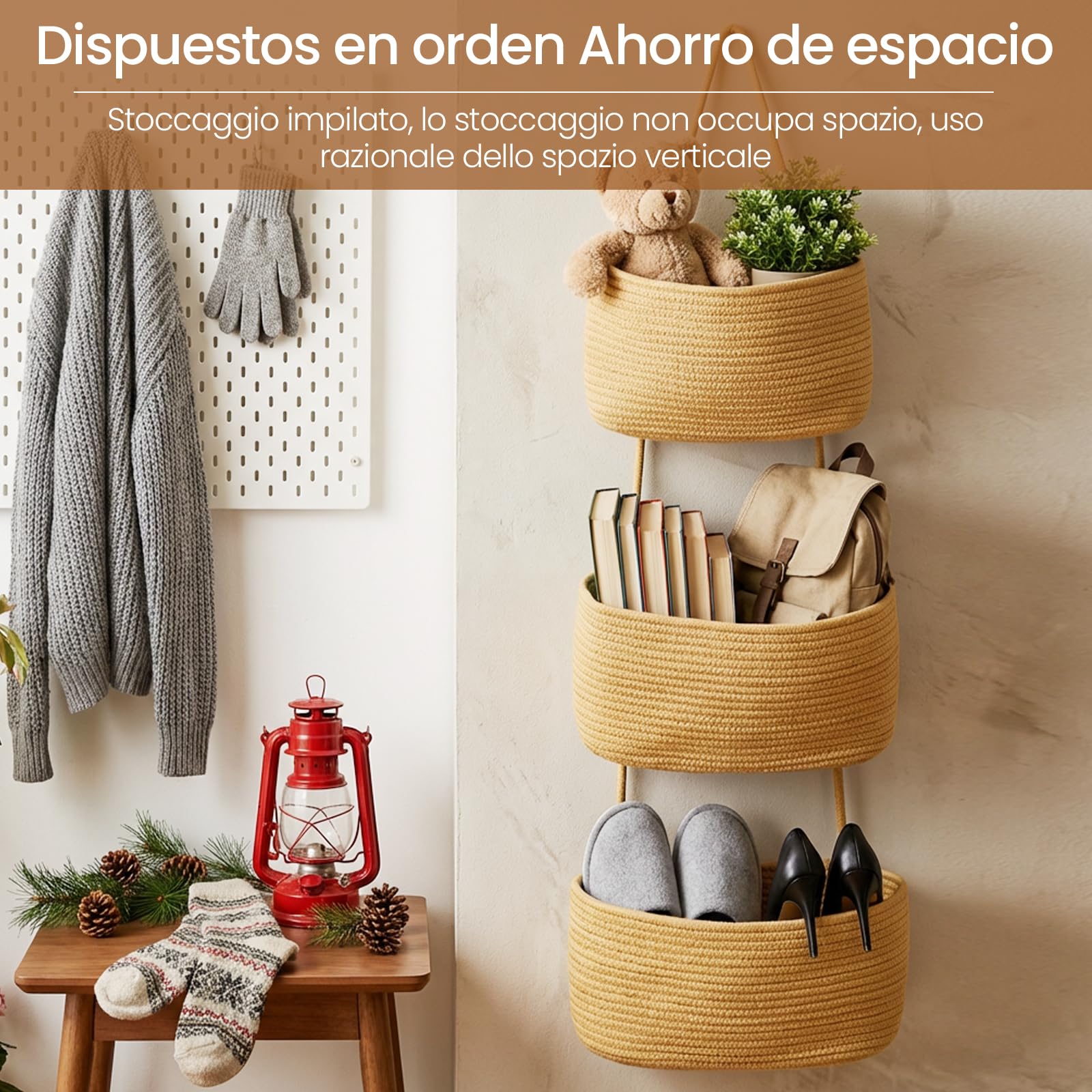 Tasche Portaoggetti Da Parete, 3 Livelli Organizer Per Appendere, Portaoggetti Da Parete Con Tasche In Corda Di Cotone Intrecciata, Per Soggiorno, Bagno, Camera Da Letto (Curcuma)