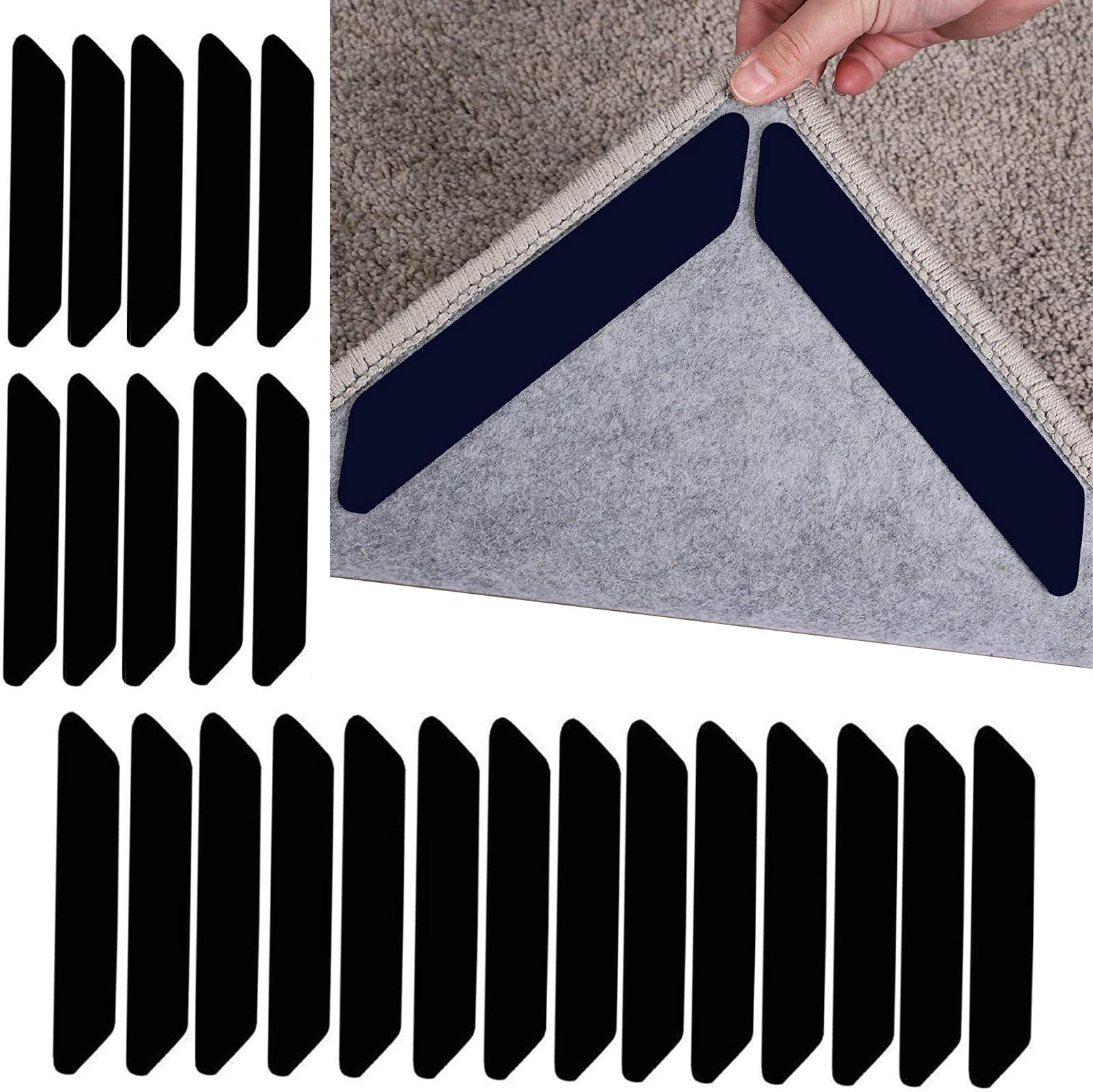 WEMOVERug-Grip, 24 Pcs Dual Sided Washable Removable Prevent Curling Corner Carpet Holder, Keep Rug in Place Non Slip Adhesive Rug Tape for Hardwood Floors and Tile