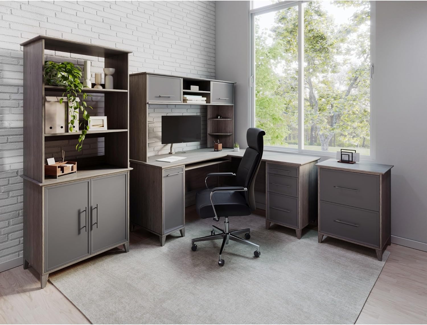 Realspace® Koru 60" W Hutch for Koru L-Shaped Or Straight Computer Desks, Two-Tone Slate/Gray Oak