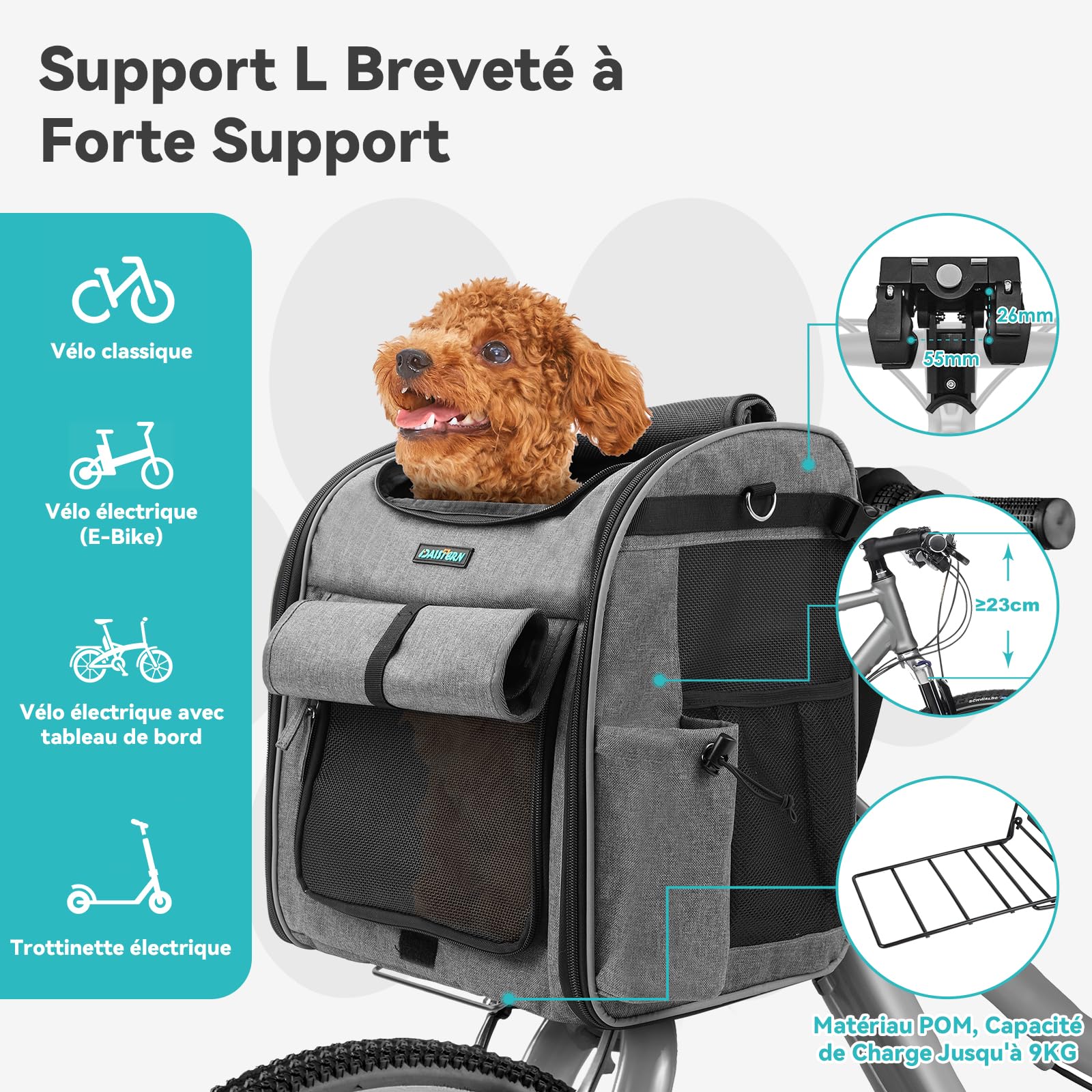 Panier de Vélo Avant pour Chiens Chats jusqu'à 10KG avec Support Robuste Φ55mm, Sac à Dos Animaux de Compagnie