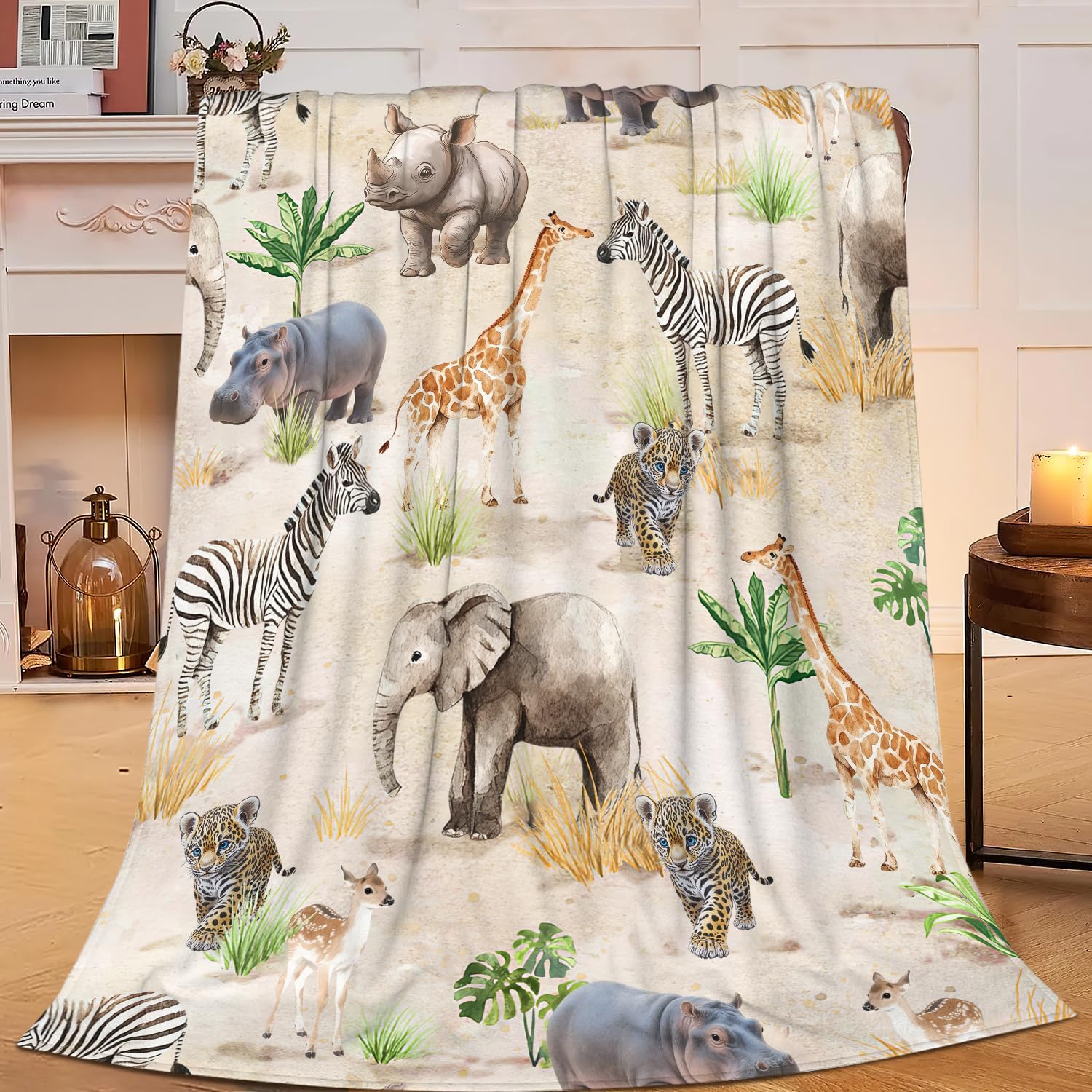 Zoo Animals Blanket African Safari Animal Print Jungle Decor Throw Blanket Elephant Tiger Giraffe Zebra Gifts for Girls Boys Warm Soft Plush Fleece Flannel Blankets for Kids Adults 50"X40" Zoon Blanket 40"x50"