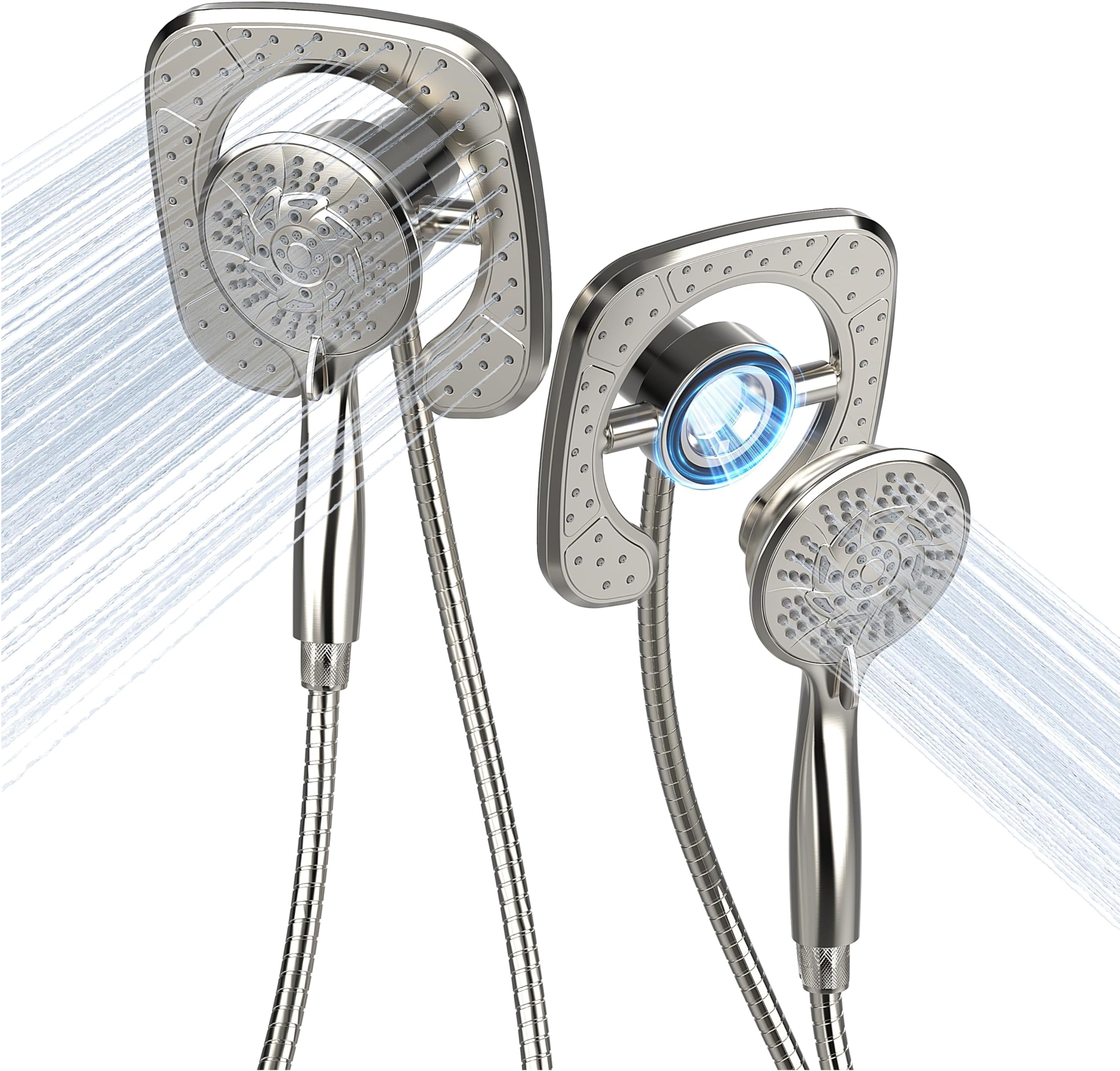 Shower Head Handheld Spray Combo 10 Mode Spray Settings Magnetic 2-in-1 High Pressure Dual Showerhead Auto-Switch Square Combination, Brushed Nickel