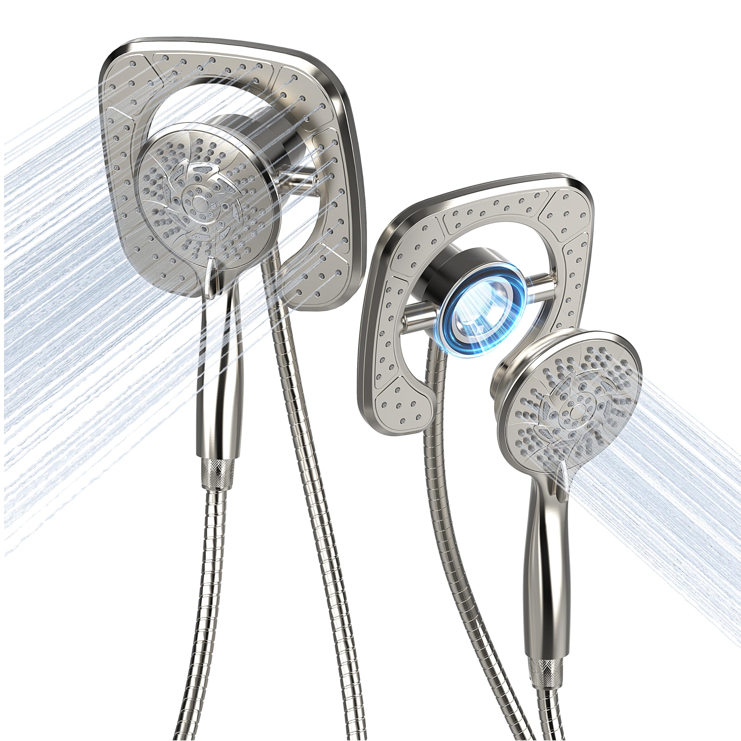 Shower Head Handheld Spray Combo 10 Mode Spray Settings Magnetic 2-in-1 High Pressure Dual Showerhead Auto-Switch Square Combination, Brushed Nickel