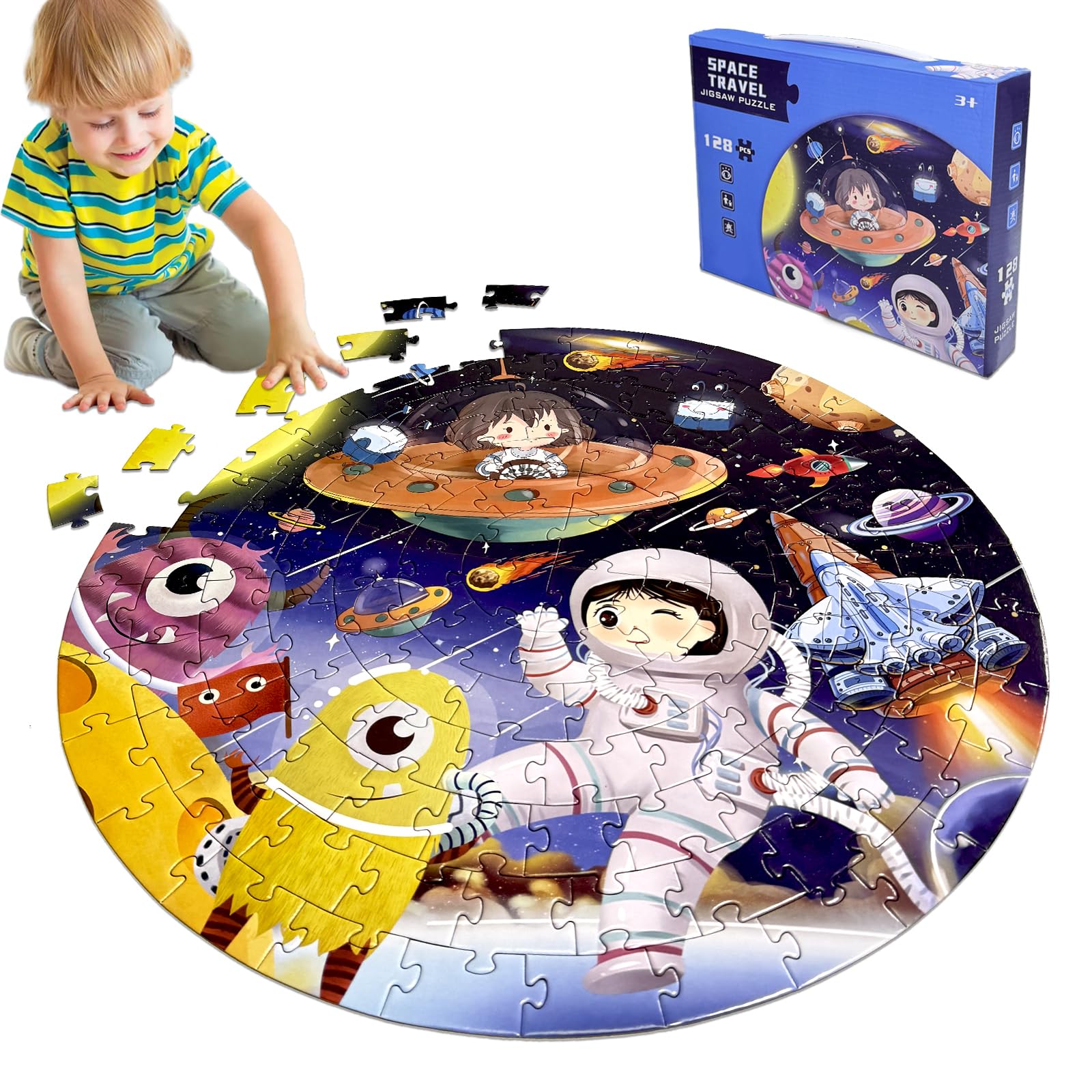 Kulveanju Puzzle Bambini 3 4 5 6 Anni, 128 Pezzi Puzzle da Universo Dirigibile, Grande Circolare Puzzle, Giochi Creativi Puzzle Regalo per Ragazzi e Ragazze 3-7 Anni, 42x42 cm