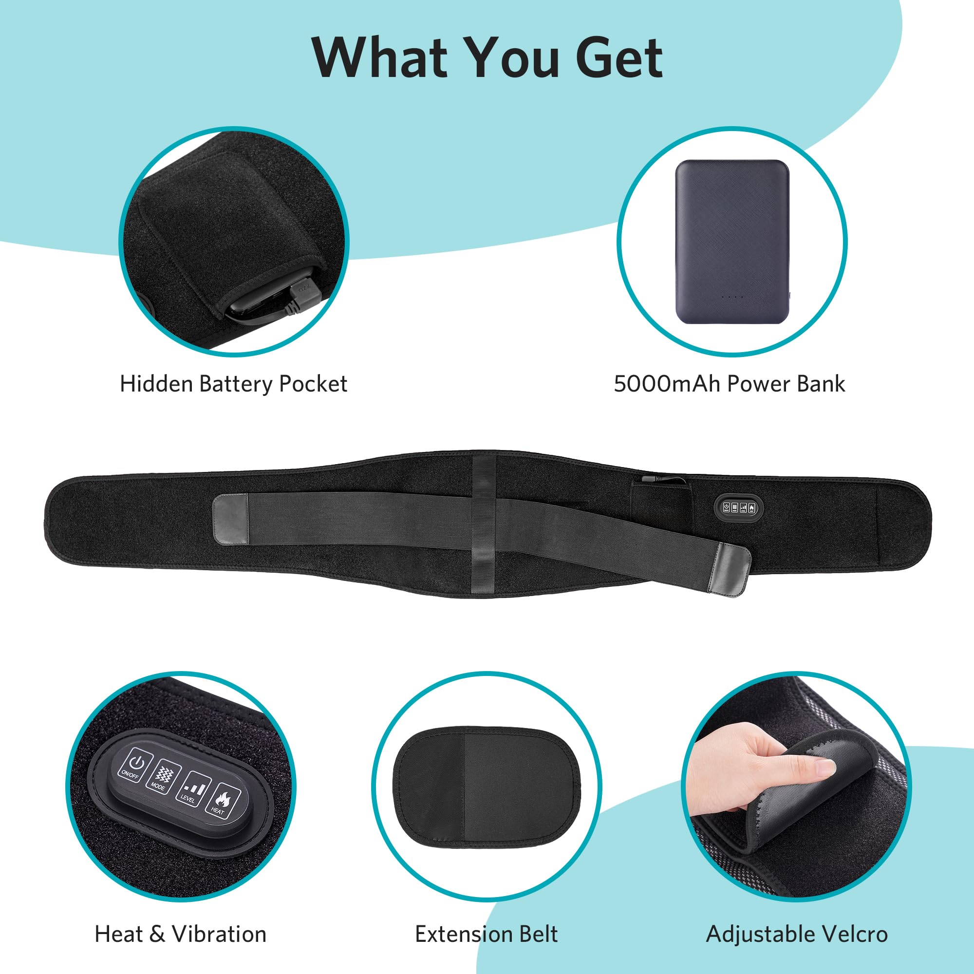 Wärmegürtel Vibrationsmassage für den Rücken mit 5000 mAh Akku, 138 x 20 cm Kabelloser Heizgürtel mit verstellbarem Spannband, 3 Heizstufen & 4-Modus Massagegerät Automatische Abschaltung Rückenwärmer