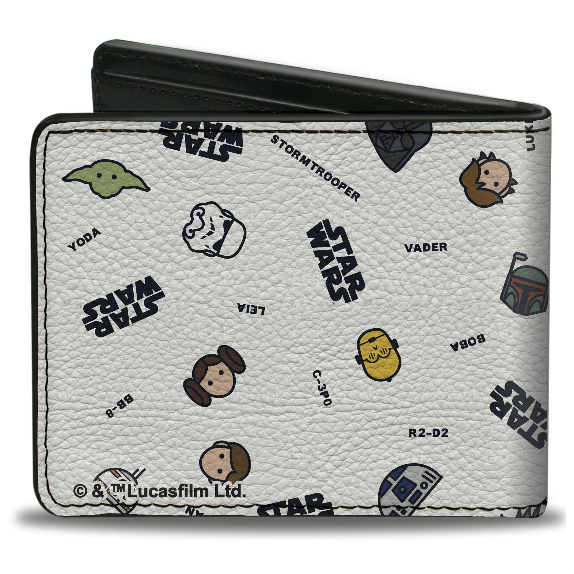 Buckle-Down Men's Star Wars Wallet, Bifold, Character Faces and Names Scattered White Black, Vegan Leather, 4.0