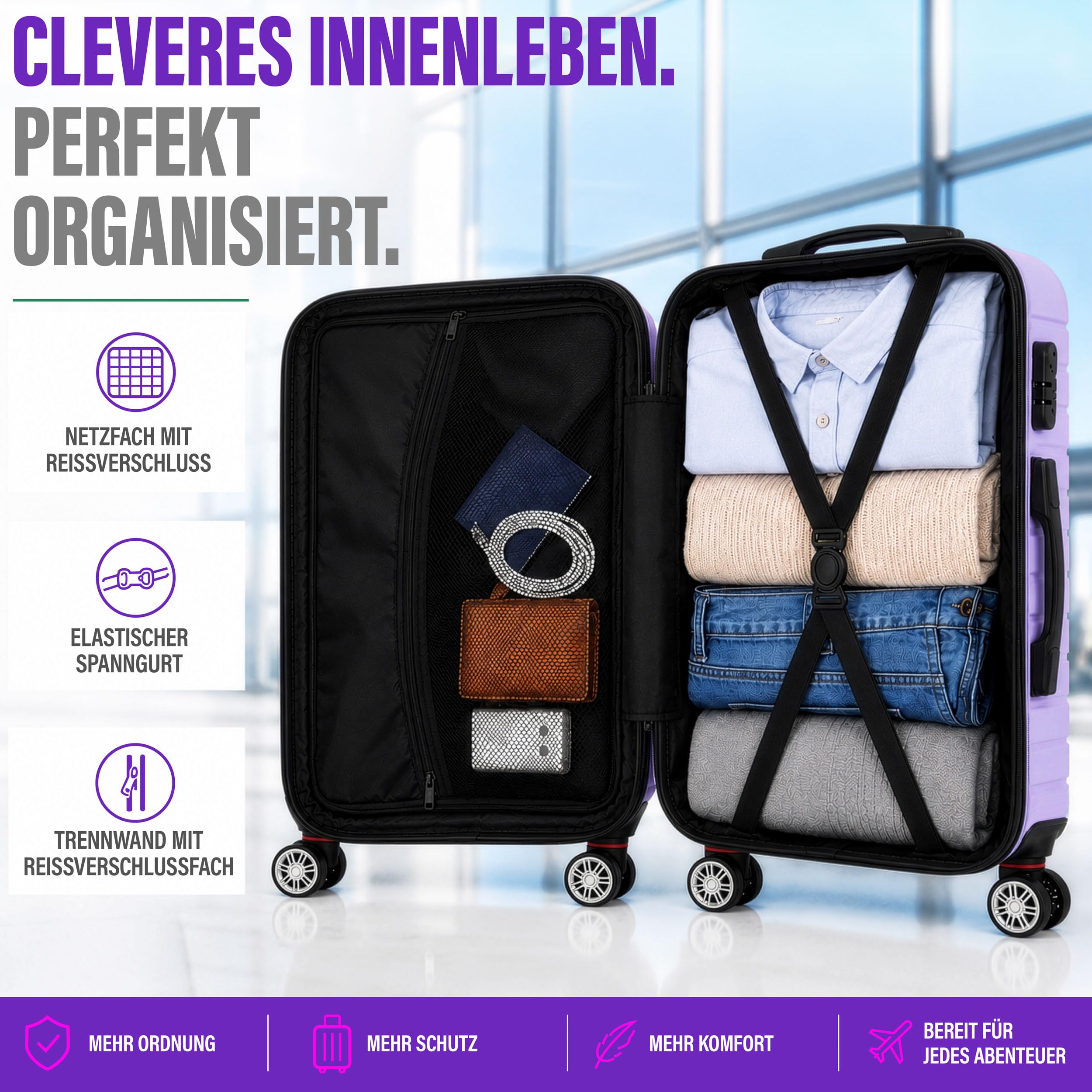 BRUBAKER Hartschalen Reisekoffer Bahamas - Erweiterbarer Rollkoffer mit Zahlenschloss, 4 Rollen und Teleskopgriff - ABS Koffer 43 x 66,5 x 28,5 cm - Hartschalenkoffer (L - Flieder Lila)