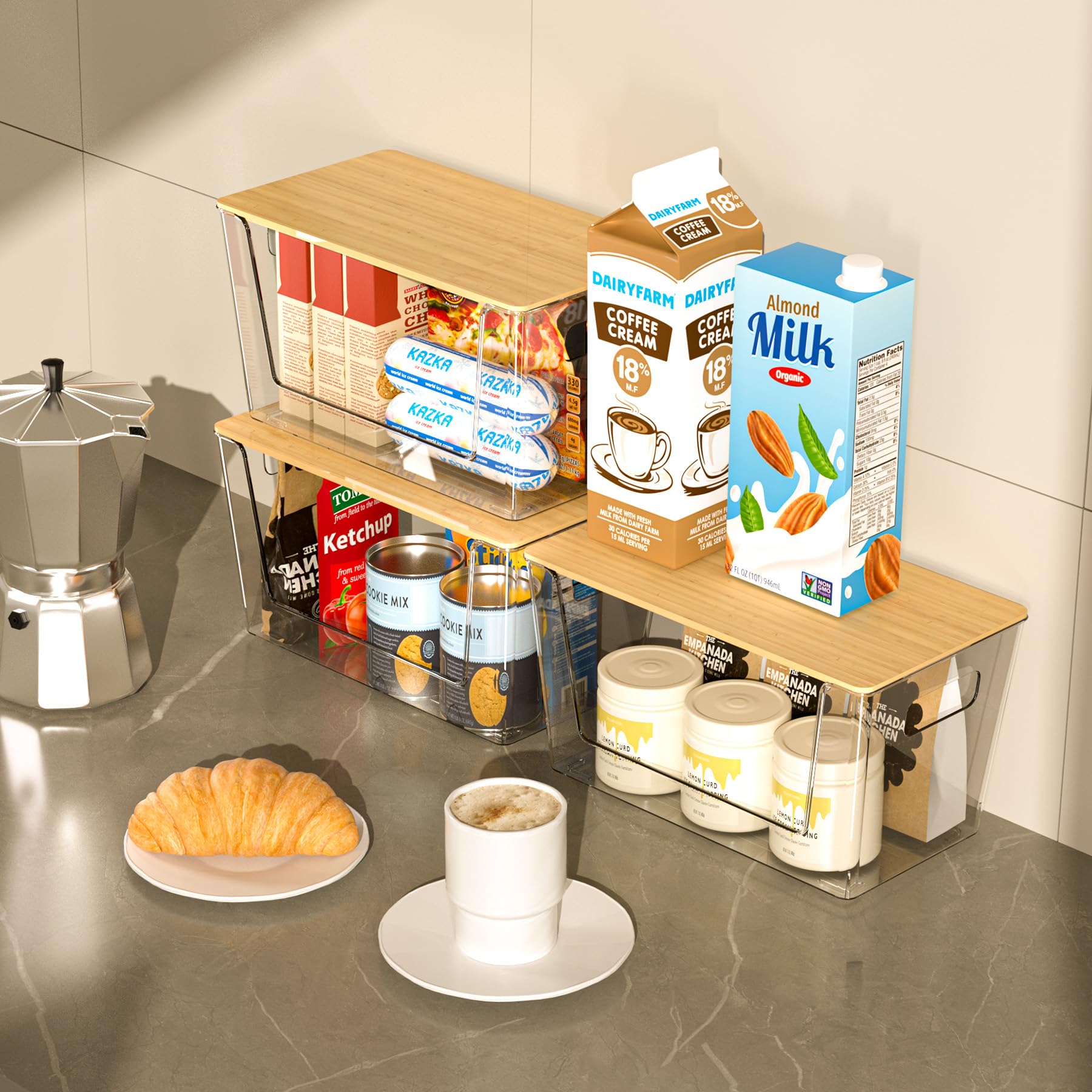 Paquete de 6 contenedores de almacenamiento apilables transparentes con tapas de bambú, contenedores de almacenamiento de plástico con asa para despensa, baño, cocina, armario, organizador de 5