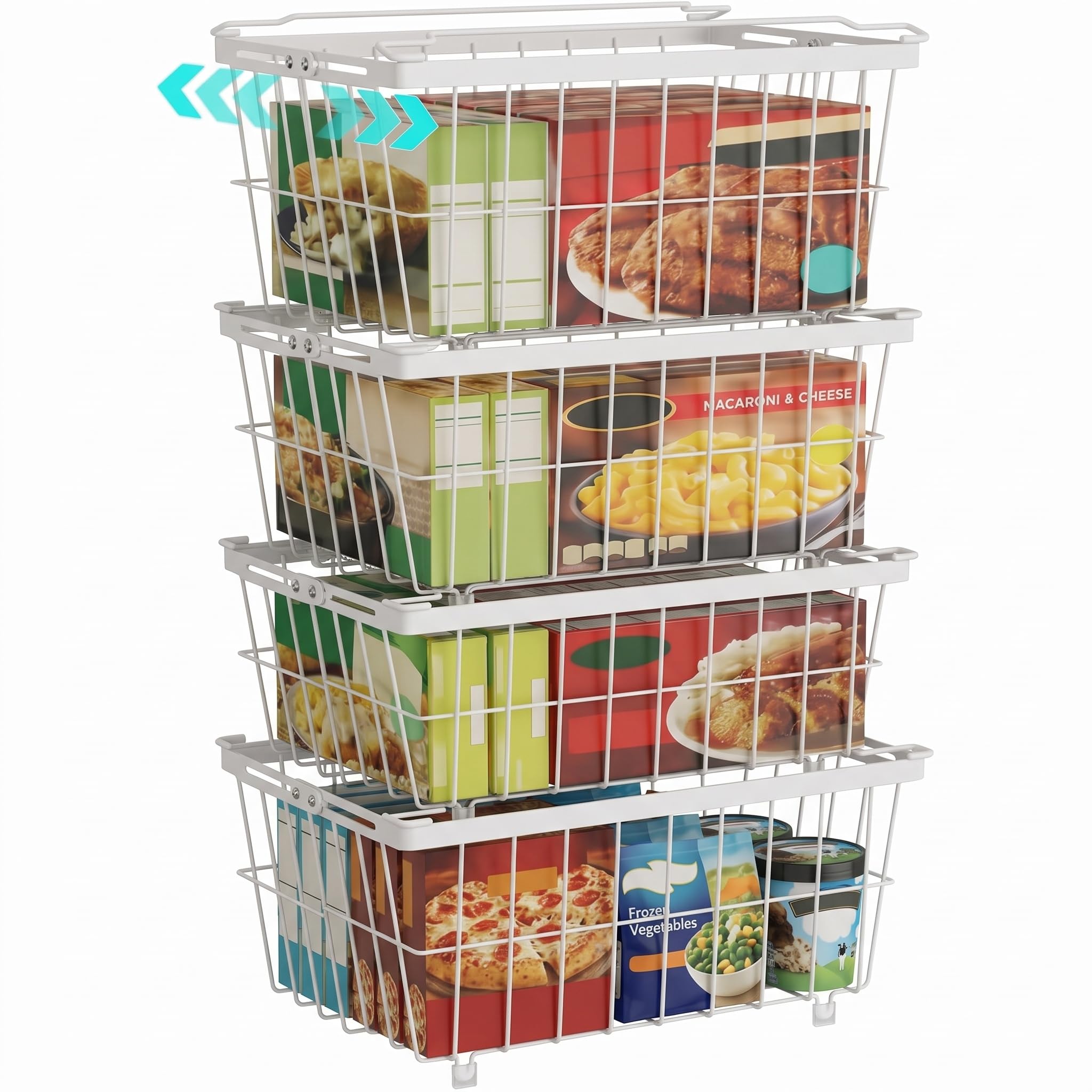 SOONHUA 4 cestas para congelador, organizadores ajustables, apilables, ancho extensible 18,5 – 26,5 cm, apto para congeladores de 5 a 9 pies cúbicos | Cesta de congelación apilable de ancho extensible para congeladores y congeladores para ordenar