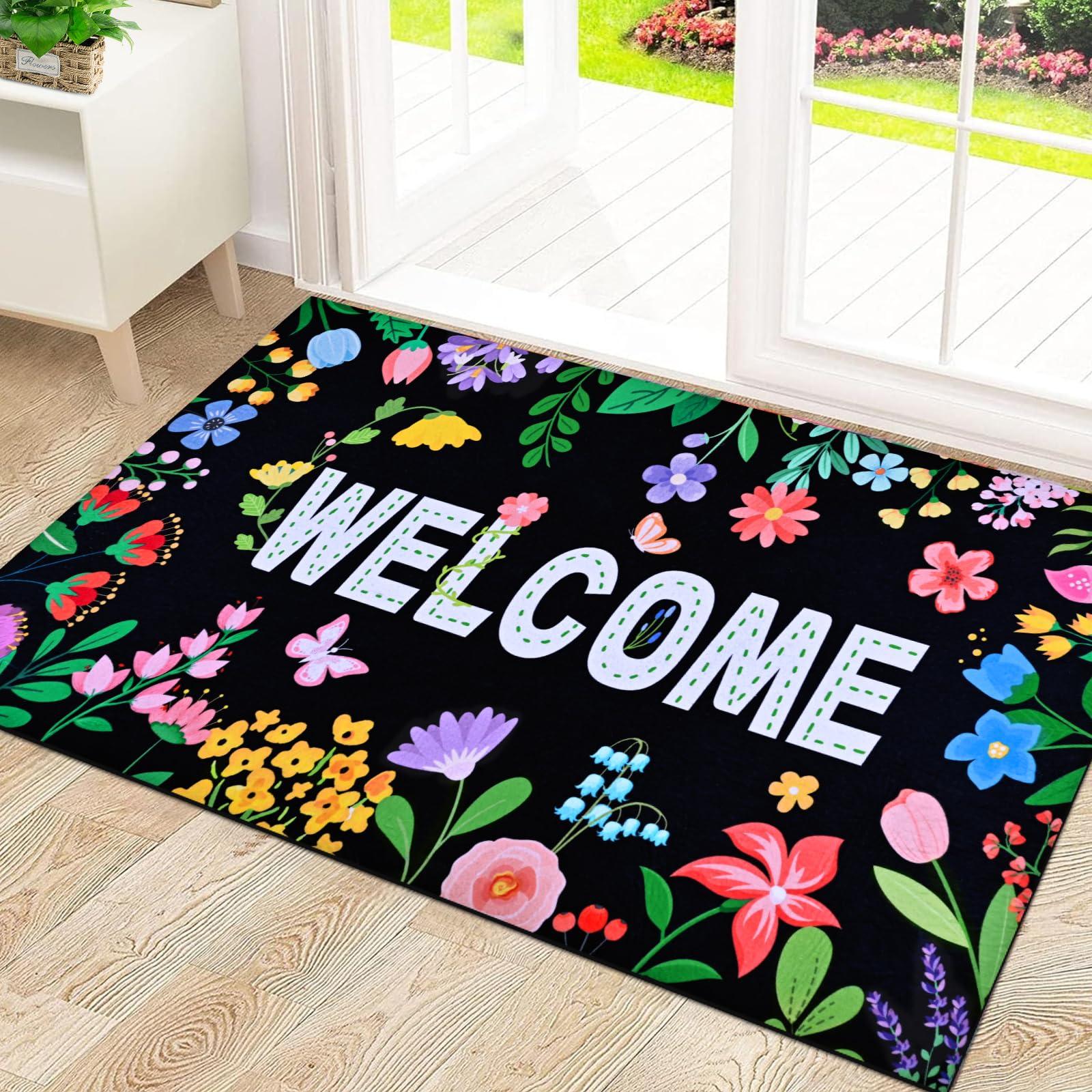 Likiyol Floral Door Mat Outside Entrance, Colorful Flower Welcome Mat Front Door Mat Butterfly Non Slip Doormat Outdoor Indoor Entrance, Low Profile, Absorbent, 18