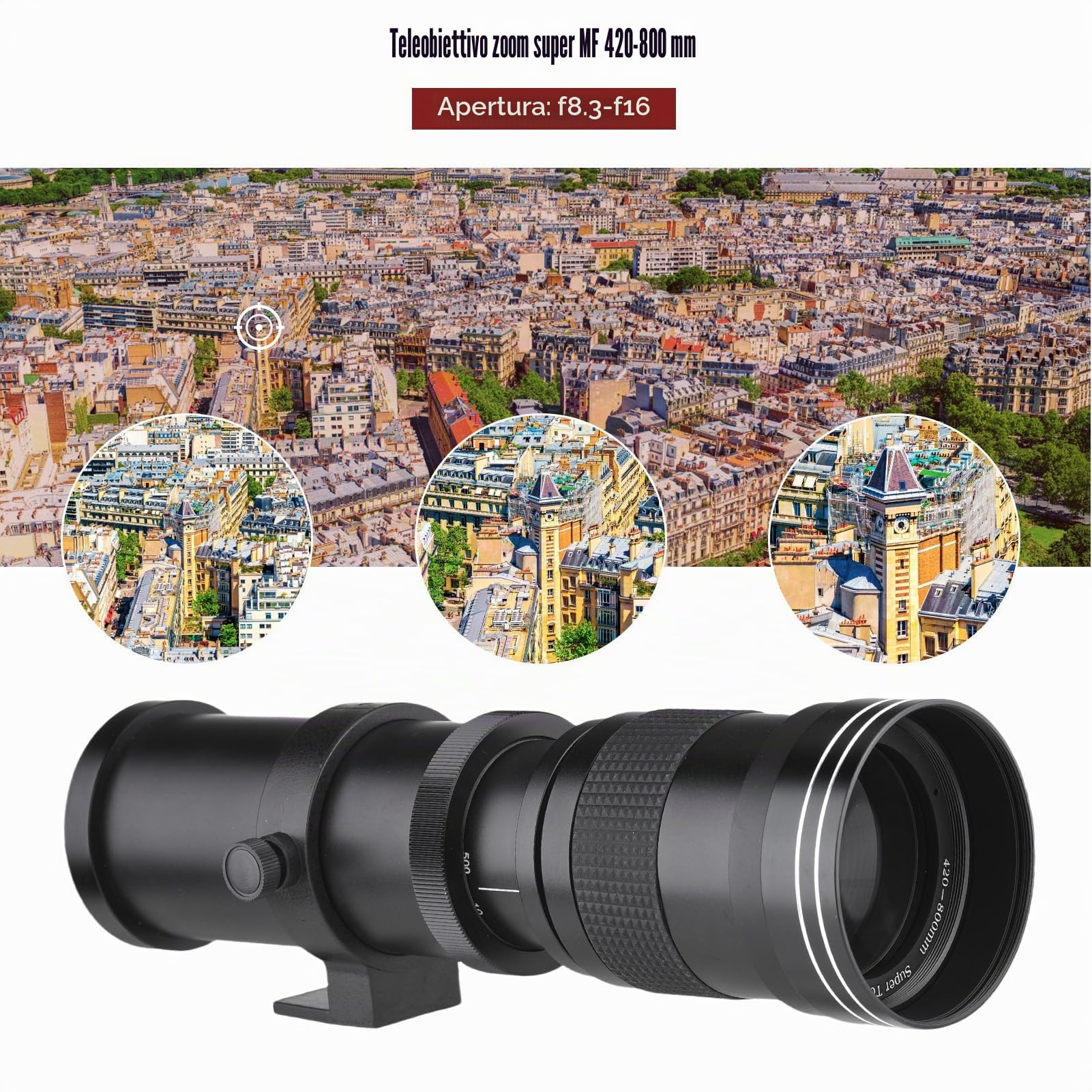 Andoer Obiettivo Telezoom Super MF per Fotocamera F/8.3-16 420–800 mm Montatura T Universale con Filettatura 1/4 di Pollice Sostituzione Obiettivo Super Tele per Fotocamere EF/EF-S