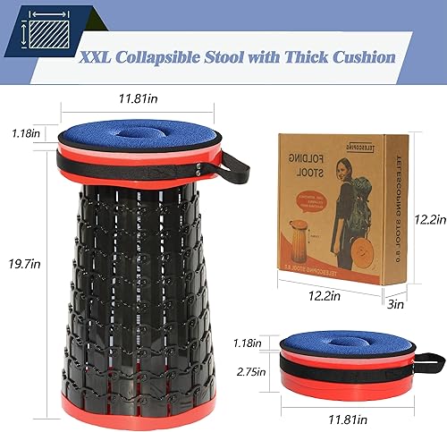 Miniatura 6 de ALEVMOOM Taburete plegable XXL de 19.7 pulgadas de profundidad y 11.8 pulgadas con cojín, telescópico portátil, capacidad de carga más resistente,