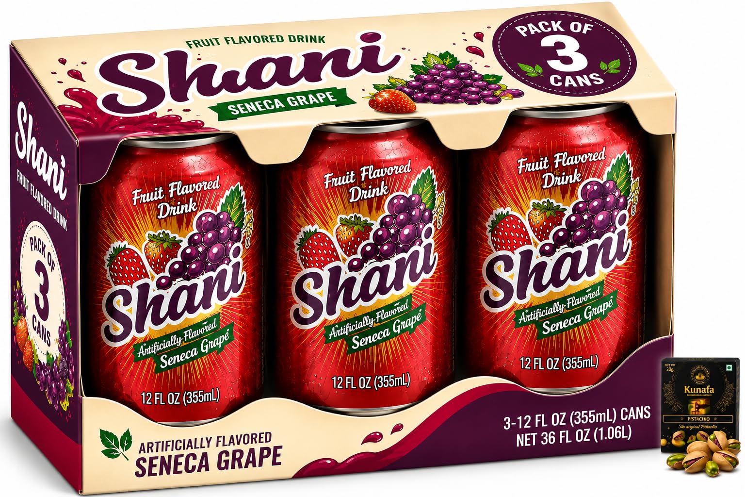 Shani Seneca Grape Fruit Flavoured Drink, 355ml Each, (Pack of 3) Cans, Artificially Flavoured with Free Flavourito Kunafa Pistachio Chocolate Bar, 20g By Decadent Foods-image-28