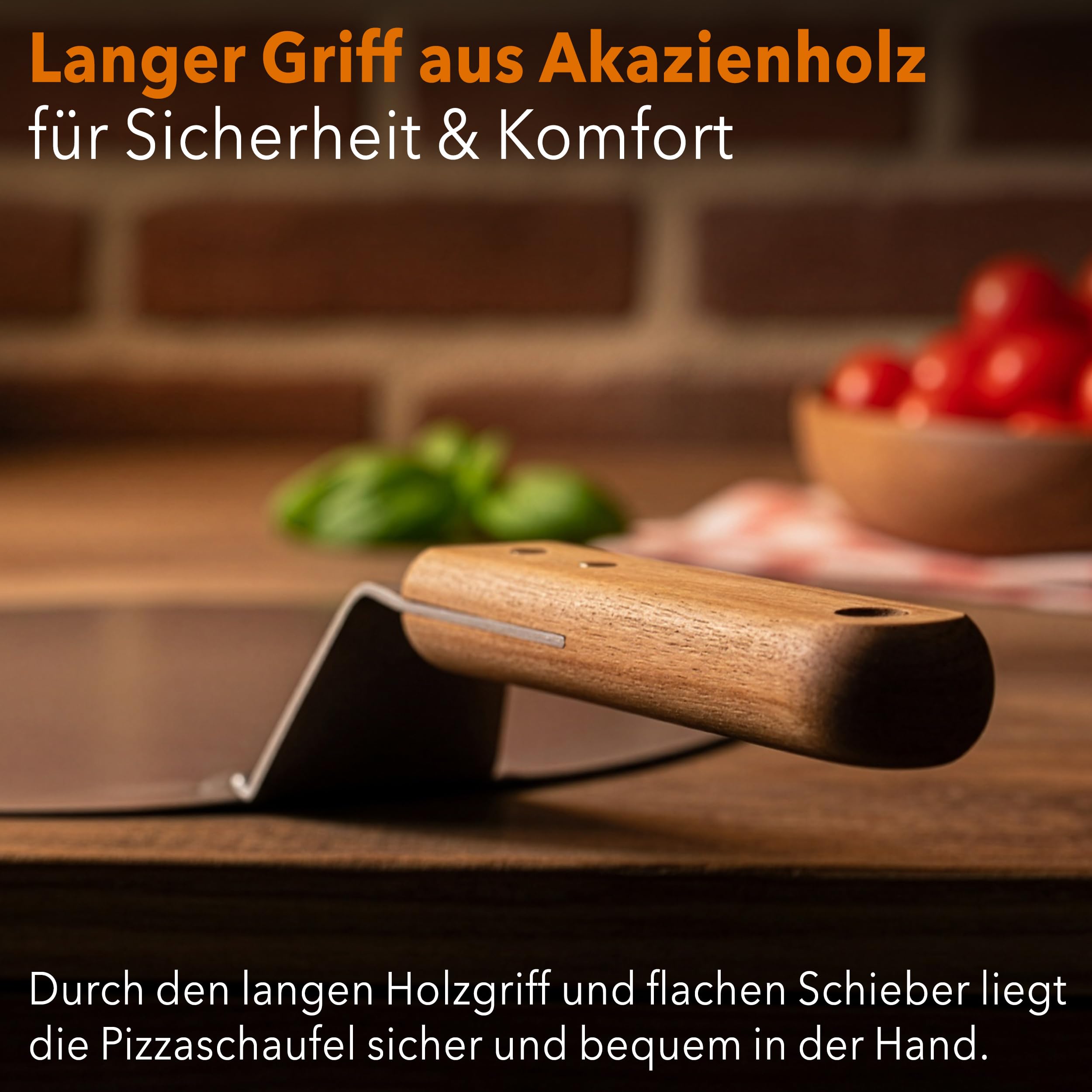 Pizzaschieber Pizzaschaufel, rund, 30 cm Durchmesser, hochwertig aus robustem Edelstahl, stabiler Griff aus natürlichem Akazienholz, Brotschieber, Pizza Zubehör