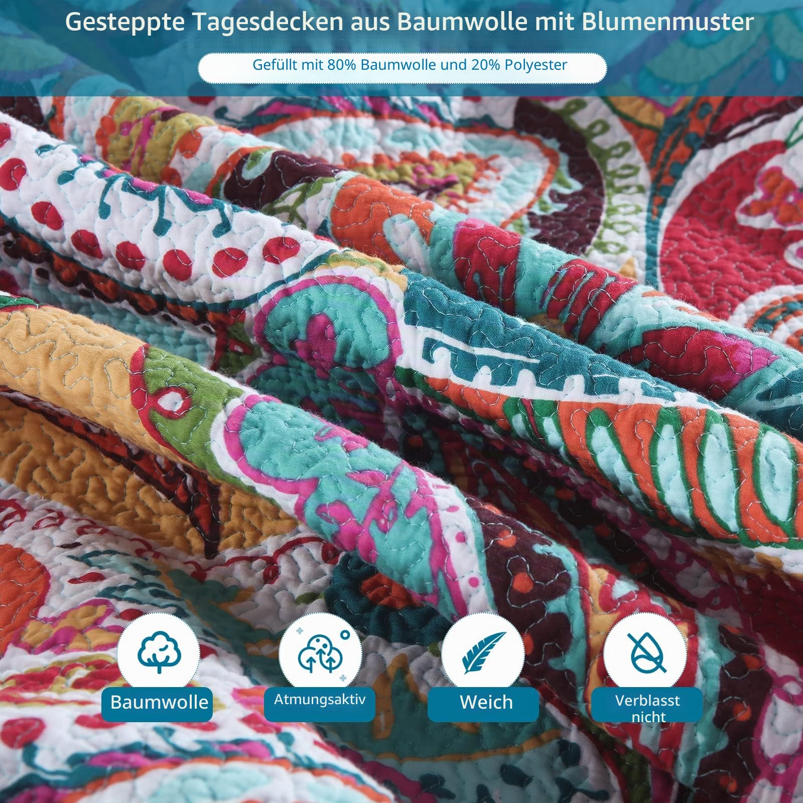 Qucover Tagesdecke 220x240cm Baumwolle Blumen Paisley Bettüberwurf 230x250cm Steppdecke mit 2 Kissenbezug Wendedecke Ganzjahresdecke für Doppelbett (Rot-grüne Blume, 230x250cm)