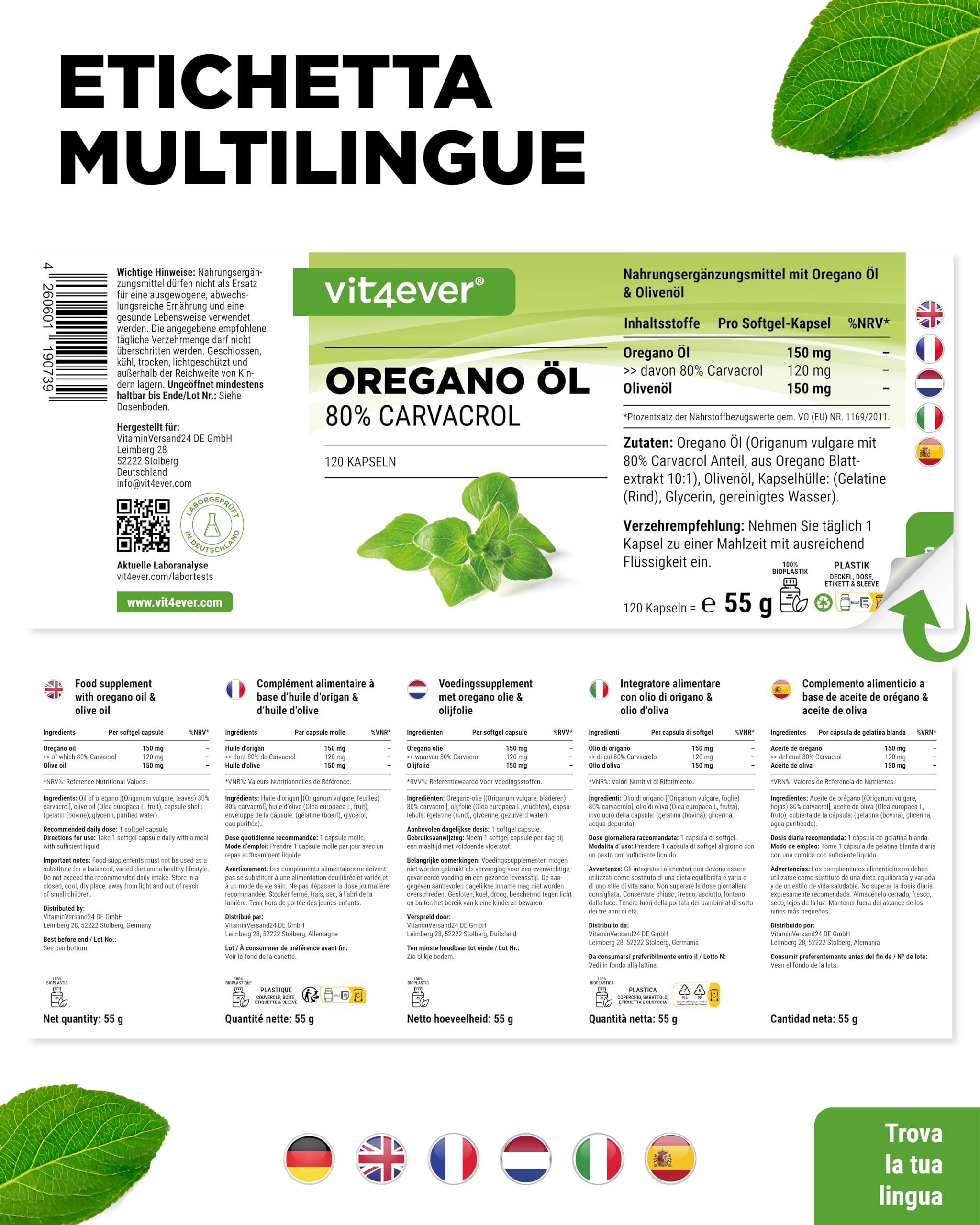 Olio di origano - 120 capsule da 150 mg - Premium: 80% Carvacrol & 10 volte concentrato - 100% olio di origano dalla Francia - Origanum vulgare - altamente dosato