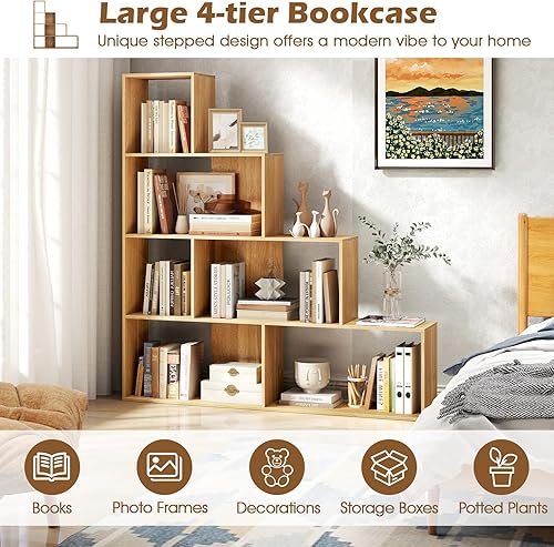 Miniatura 7 de Tangkula Estantería de 6 cubos, estantería independiente de 6 cubos escalonados Etagere en forma de L, estantería abierta de madera para sala de