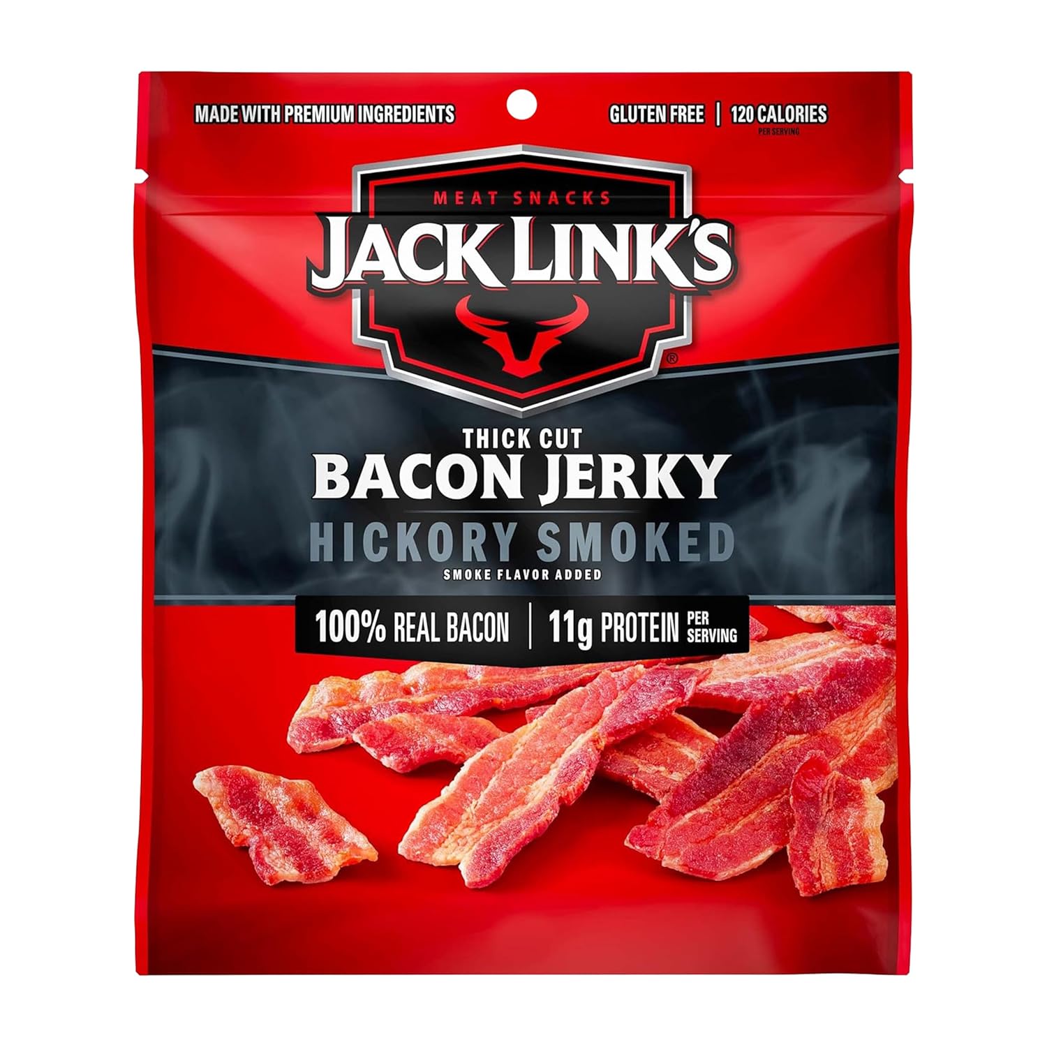 Jack Link's Hickory Smoked Bacon Jerky - 11g Protein, 100% Thick Cut Real Bacon, Keto Friendly Snack, 2.5 oz Bag