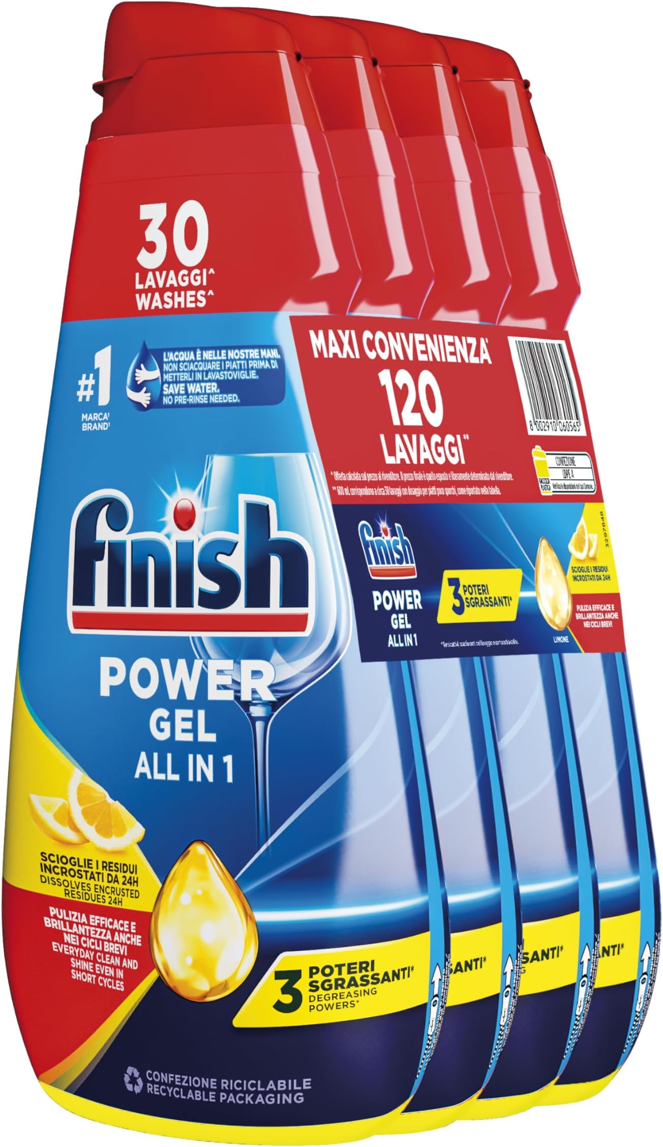 Powergel Liquid Dishwasher Detergent, Multiaction, Degreasing Powers, Lemon Scrubber Gel, 120 Washes, 4 Packs of 30 Washes