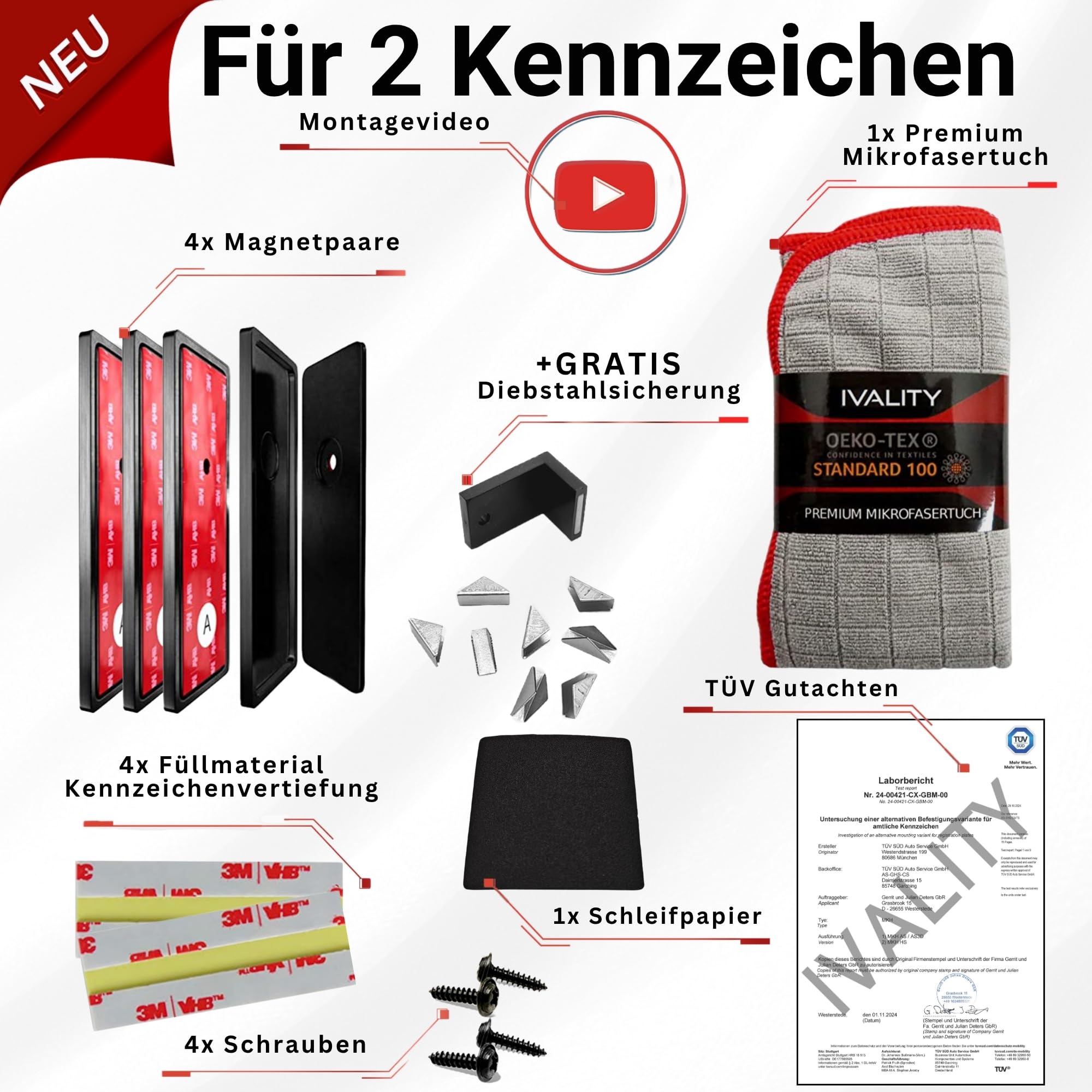 IVALITY® Magnet Kennzeichenhalter Rahmenlos für 2 Kennzeichen | Magnetische Nummernschildhalterung Auto | Kennzeichenhalterung Nummernschildhalter | Österreich Wechselkennzeichen
