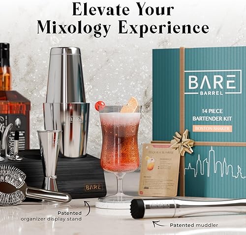 Miniatura 8 de BARE BARREL Pro Mixology - Juego de bar de camarero  Juego de coctelera Boston de 14 piezas  Herramientas profesionales de mezcla de barware para