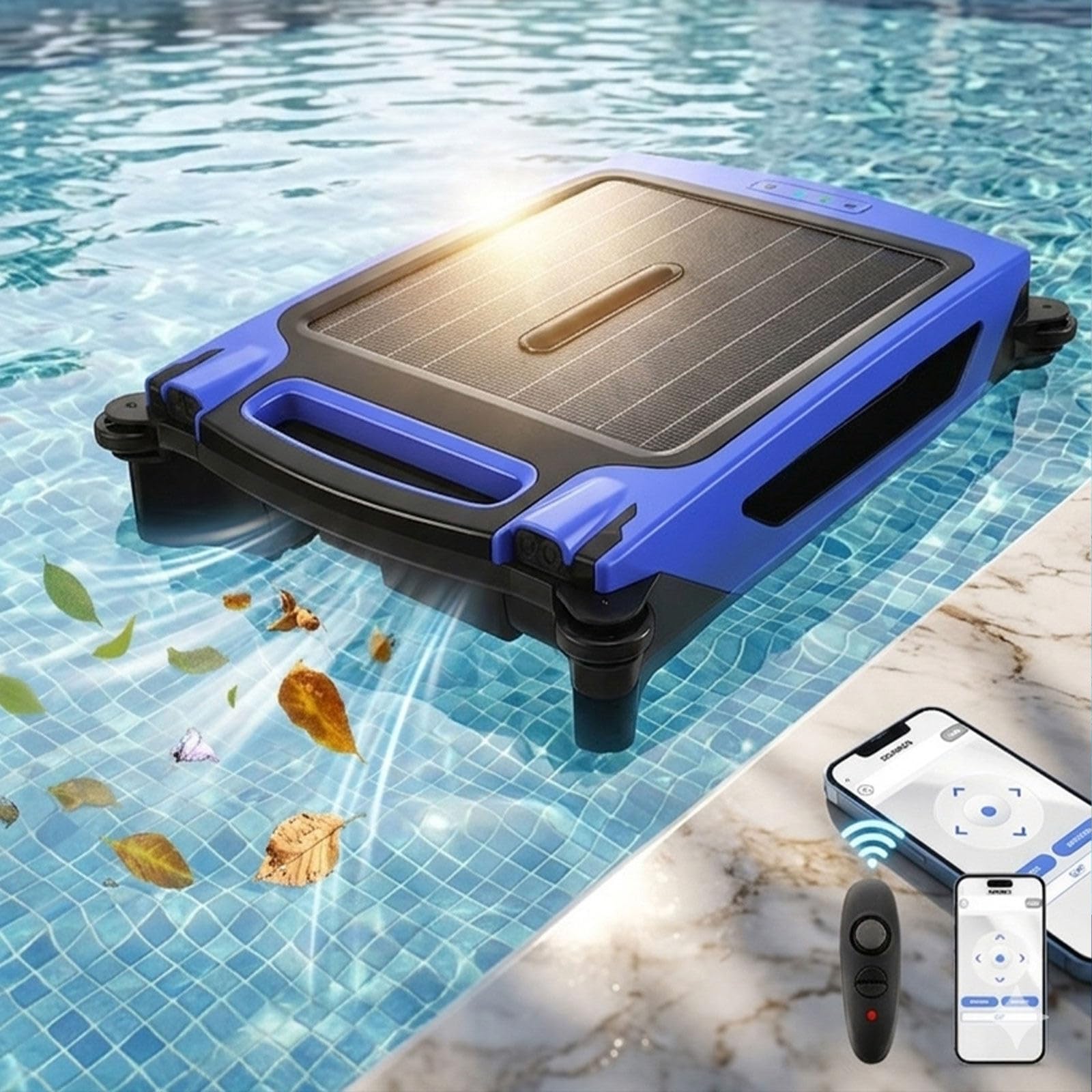 GLWABOMARS Solar Pool Skimmer Robot with 35 Hours Runtime, Smart AI Navigation, 4L Filter Basket, APP & Remote Control, Auto Return, Robotic Pool Surfaces Cleaner for All Pool Types