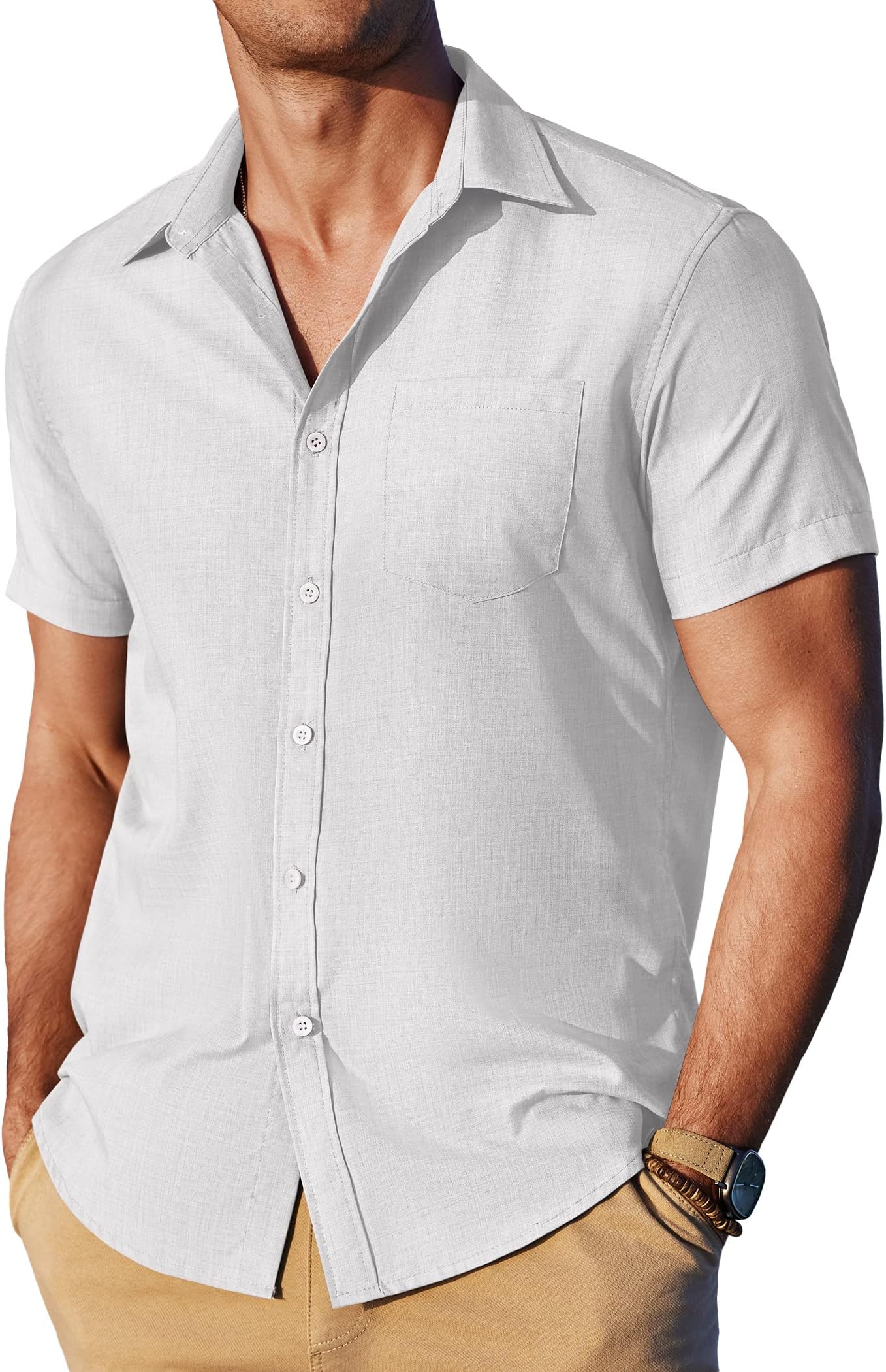 JINIDU Men's Casual Linen Shirt Short Sleeve Button Down Summer Beach Shirts
