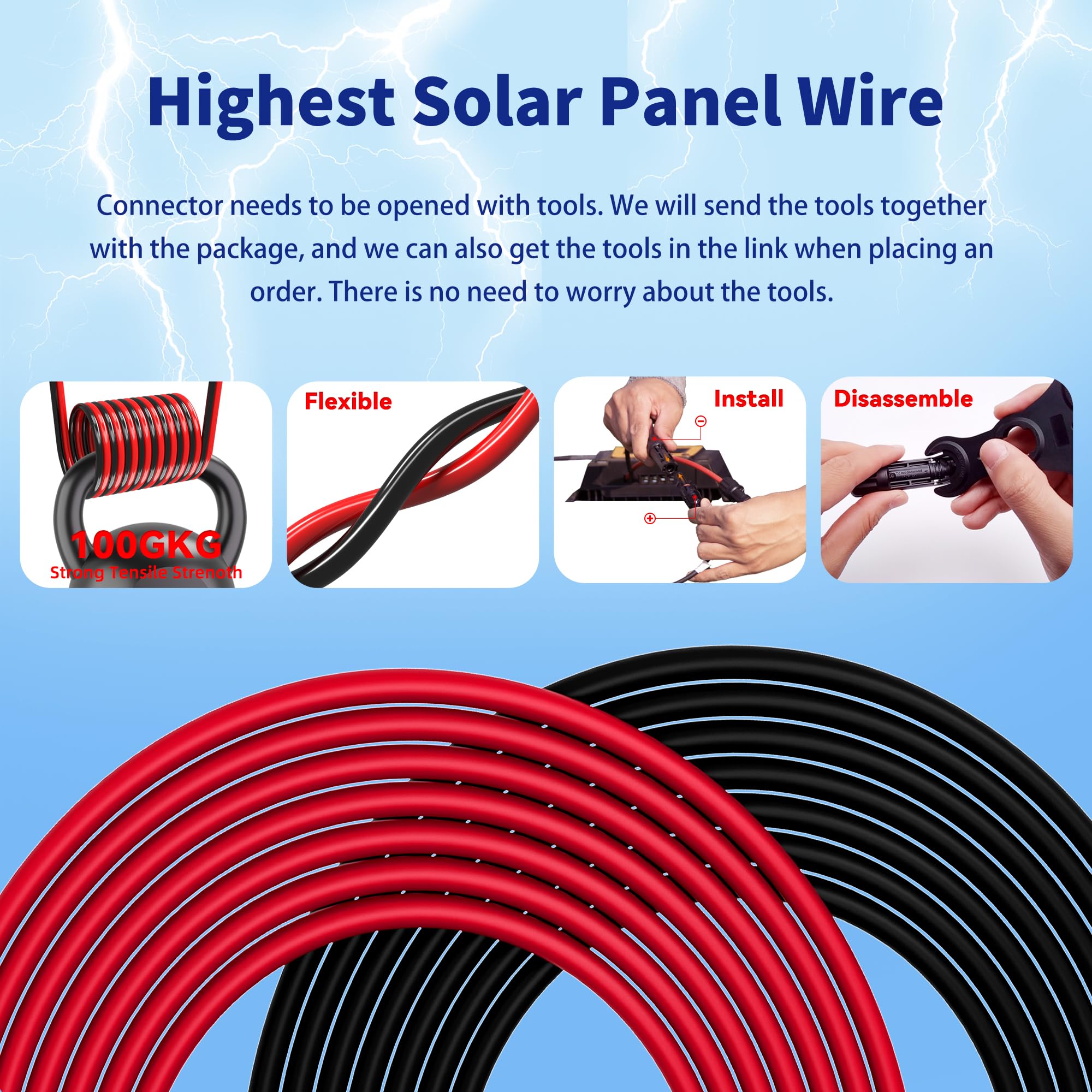 Cable de extensión solar de calibre 10 para paneles solares de 50 pies, 10 AWG (6 mm²), cable fotovoltaico SJZSUNRUN de cobre estañado con 2 pares de conectores solares MC4 para automóviles al aire