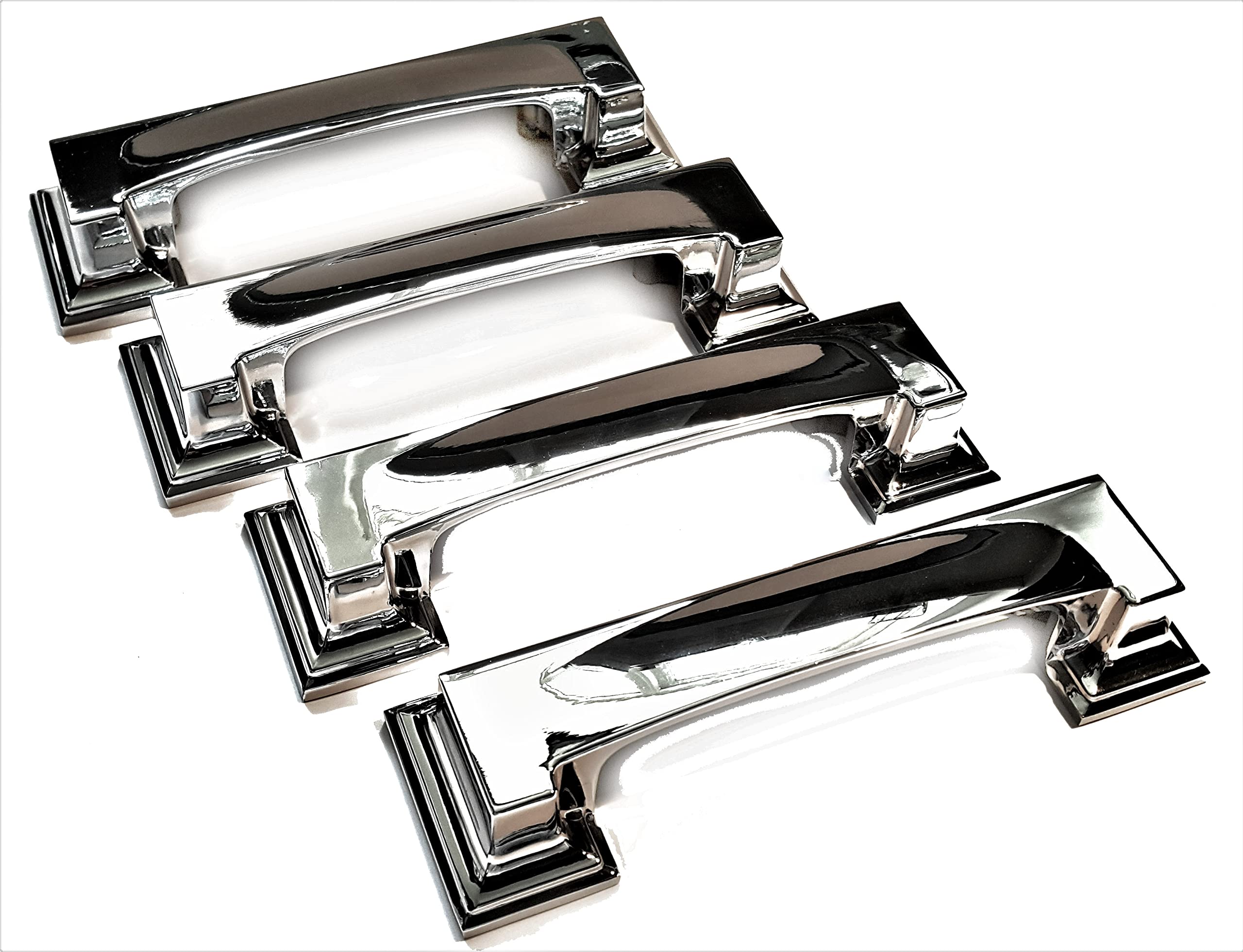 French Furniture Fittings Chrome Set Of 4 Metal Art Deco Kitchen Cabinet Square Cup Handles, Cupboard Drawer Bedroom Furniture Shell Handles Cc-76/96Mm In Polished Finish