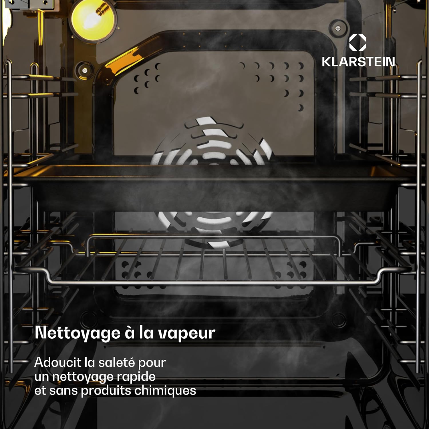 Oven interior showing the steam cleaning process in action.