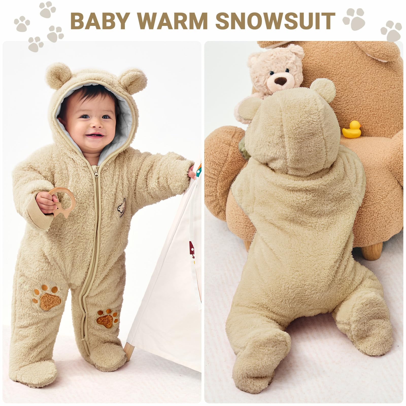 JiAmy Combinaison Bebe Garcon Fille Hiver Polaire Combipilote Pilote Bébé Manteau à Capuche Manches Longues Ours Combinaison de Neige 0-12 Mois