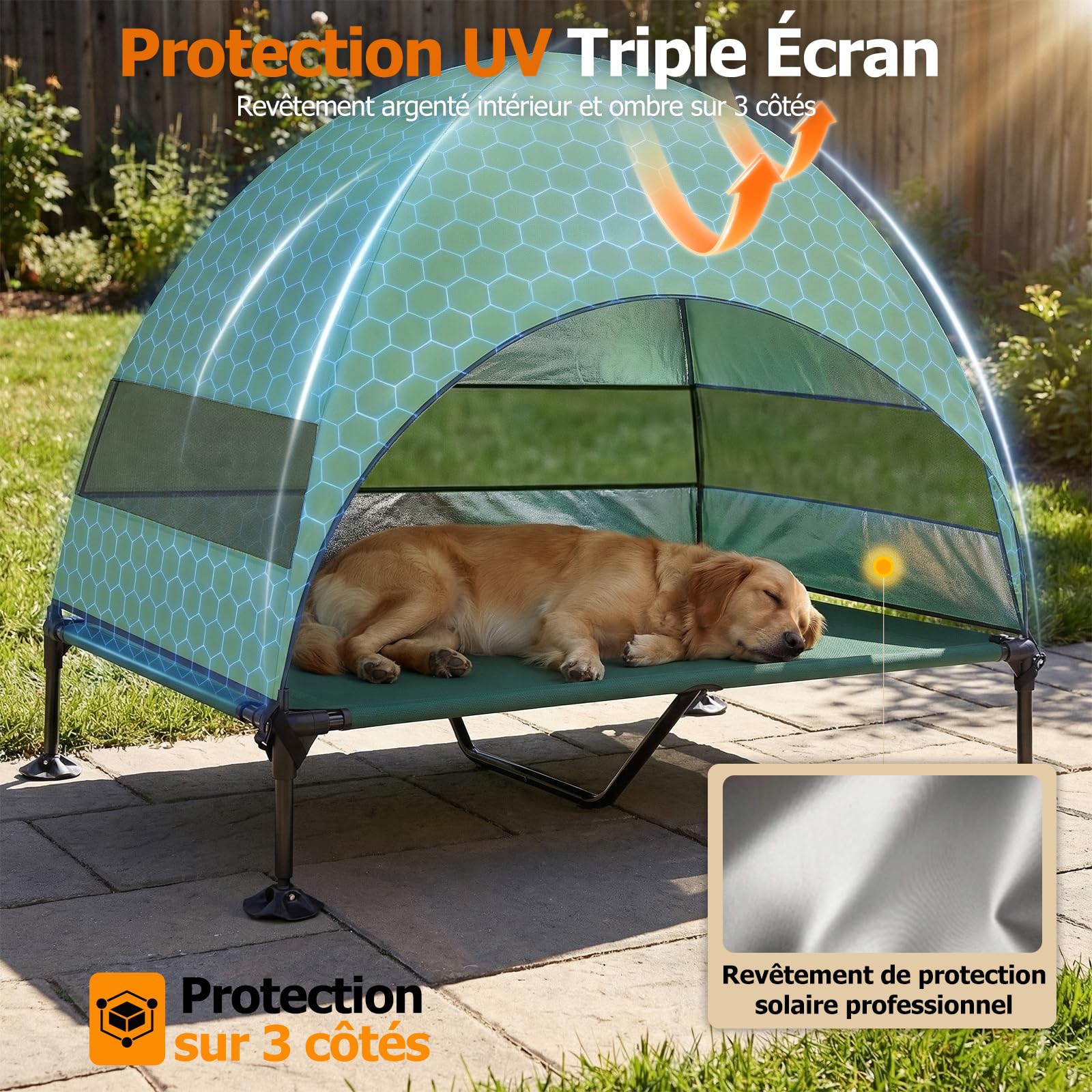Panier pour Chien Surélevé avec Toit, Pliable avec Pieds Antidérapants, Tente d'extérieur avec Grande Ombre, Lit Rafraîchissant pour Chien, pour Camping, Jardin, Plage et Piscine (Vert, XL)